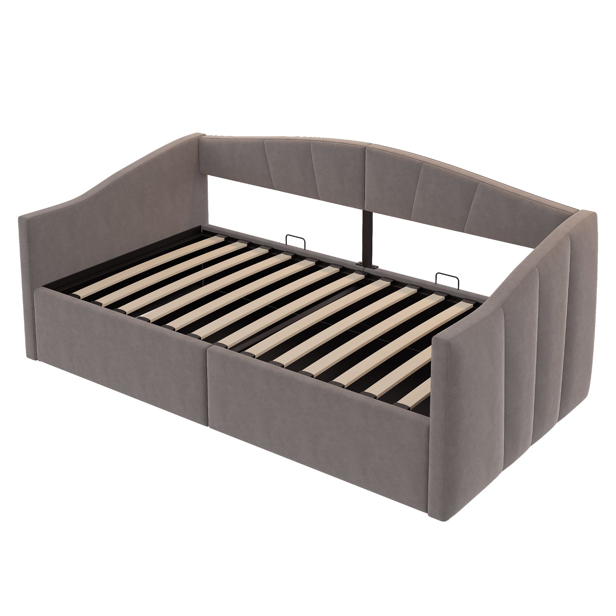 Sofa Bed, Upholstered with Hydraulic Storage, Slatted Frame & Armrests, Striped Velvet, Grey