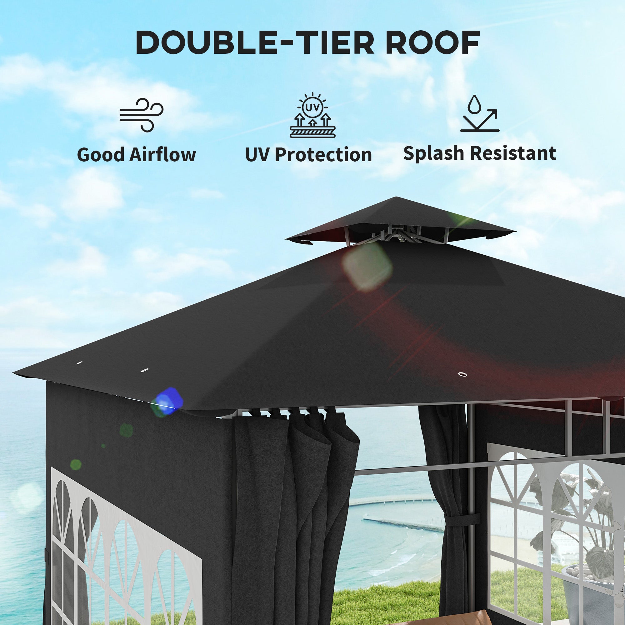 3 x 3 m Garden Gazebo, Double Roof with Removable Sidewalls and Church Windows, Black
