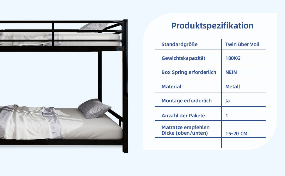 Metal Bunk Bed, Two Single Beds, Heavy-Duty, Quiet, Safety Railing, No Box Spring Required, Metal