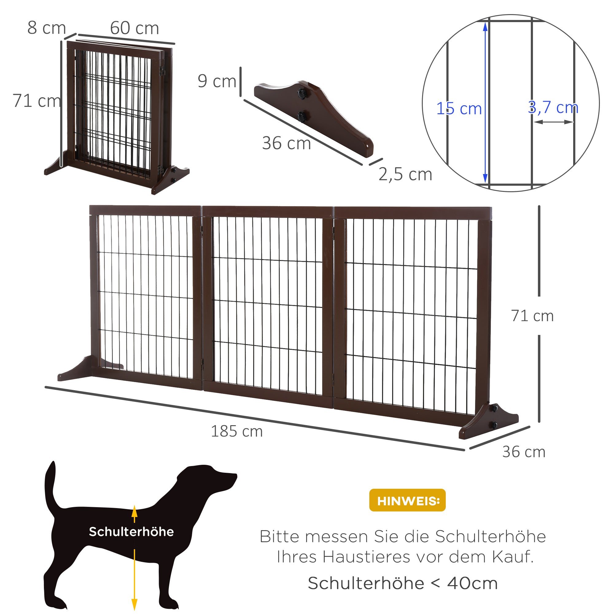 Dog Gate, Freestanding, Pinewood, Brown