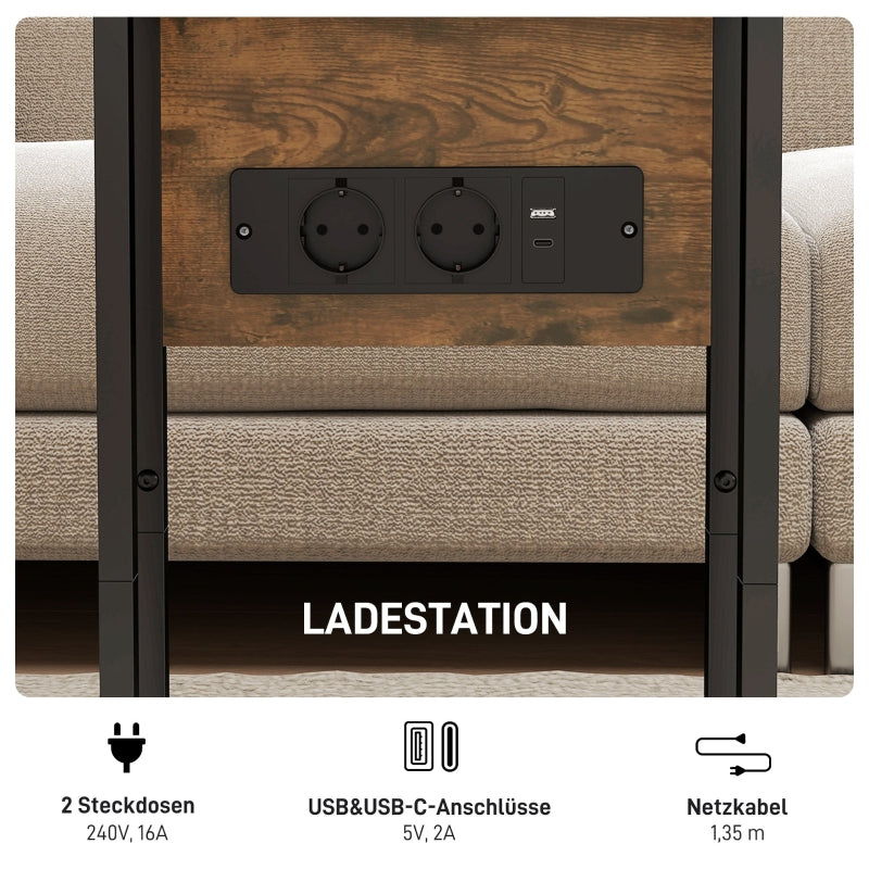 Foldable Side Table USB Charging Station 39x29x57cm - Brown Metal