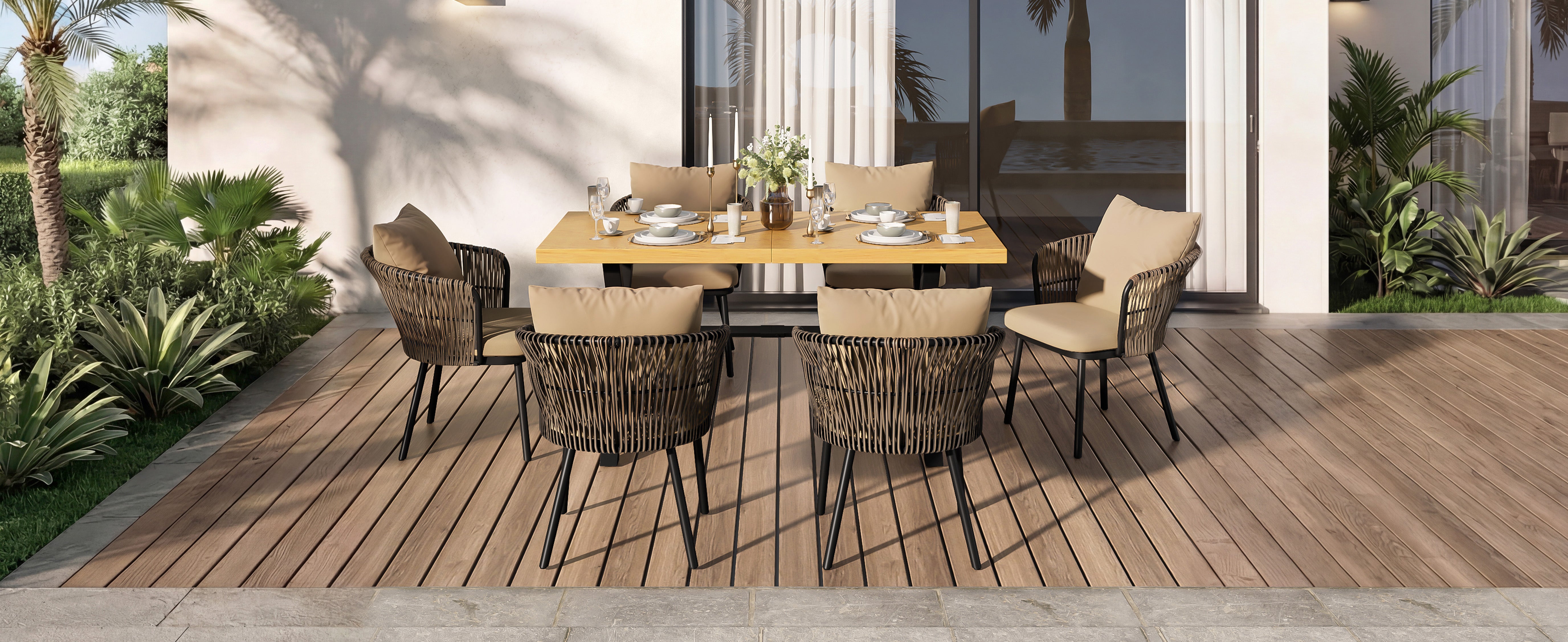 Modern Outdoor Dining Set with Seat Cushions, Rattan and Iron Frame