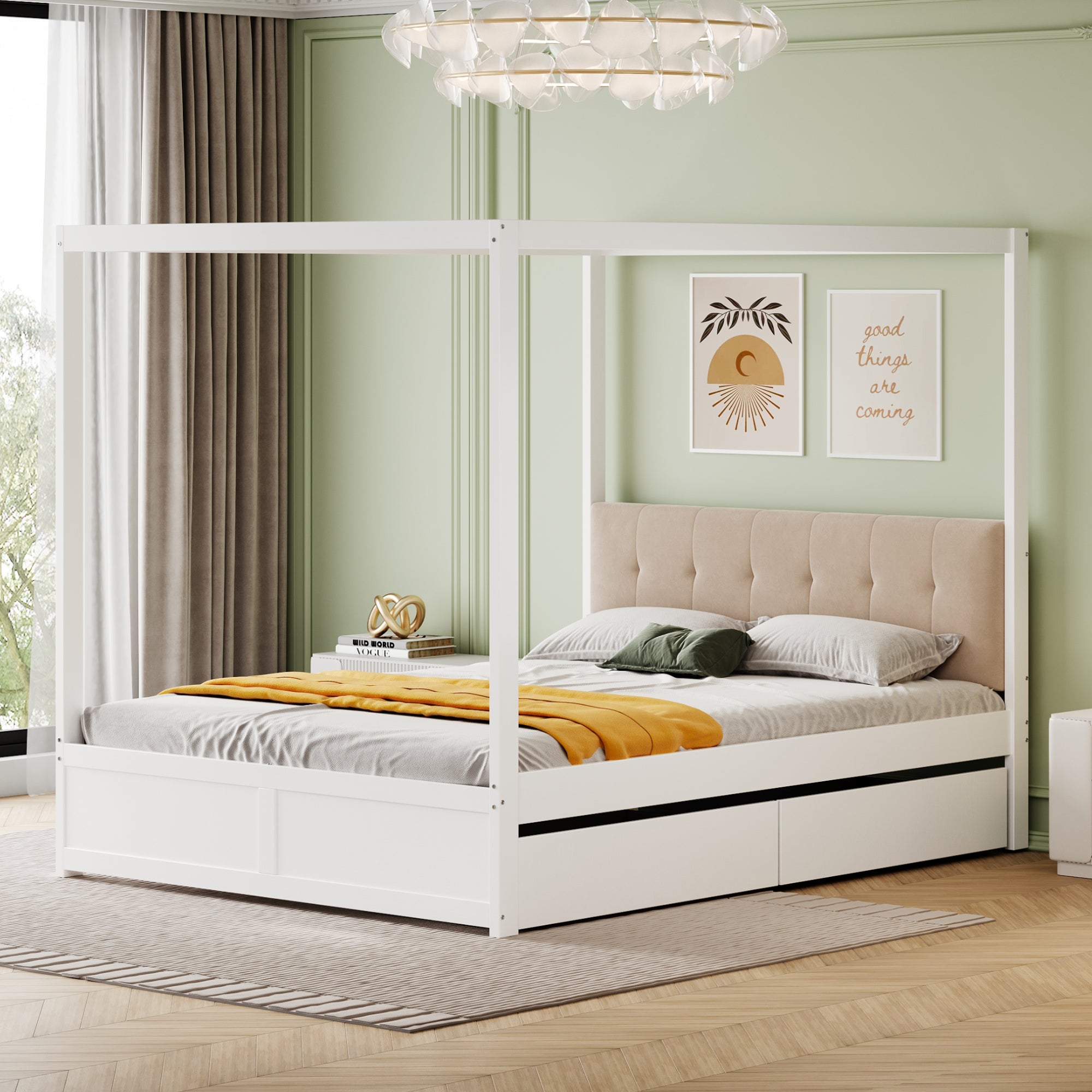 Canopy Bed, 140x200cm Large Drawers Soft Headboard, Wooden White