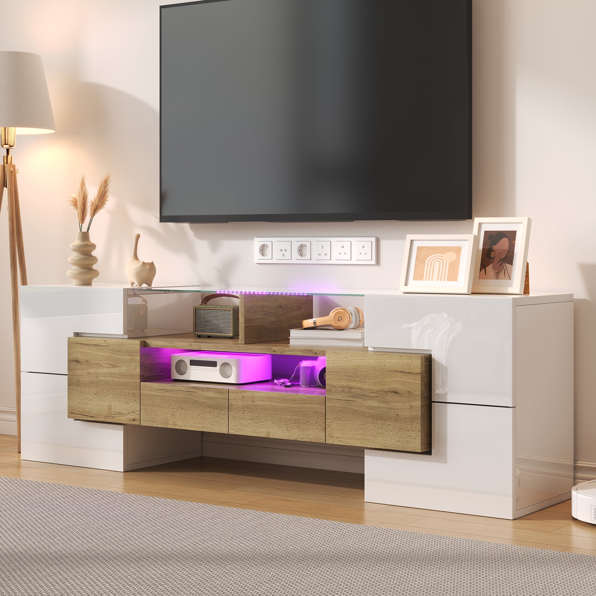 TV Cabinet, 145 cm LED Lighting, High-Gloss White Glass
