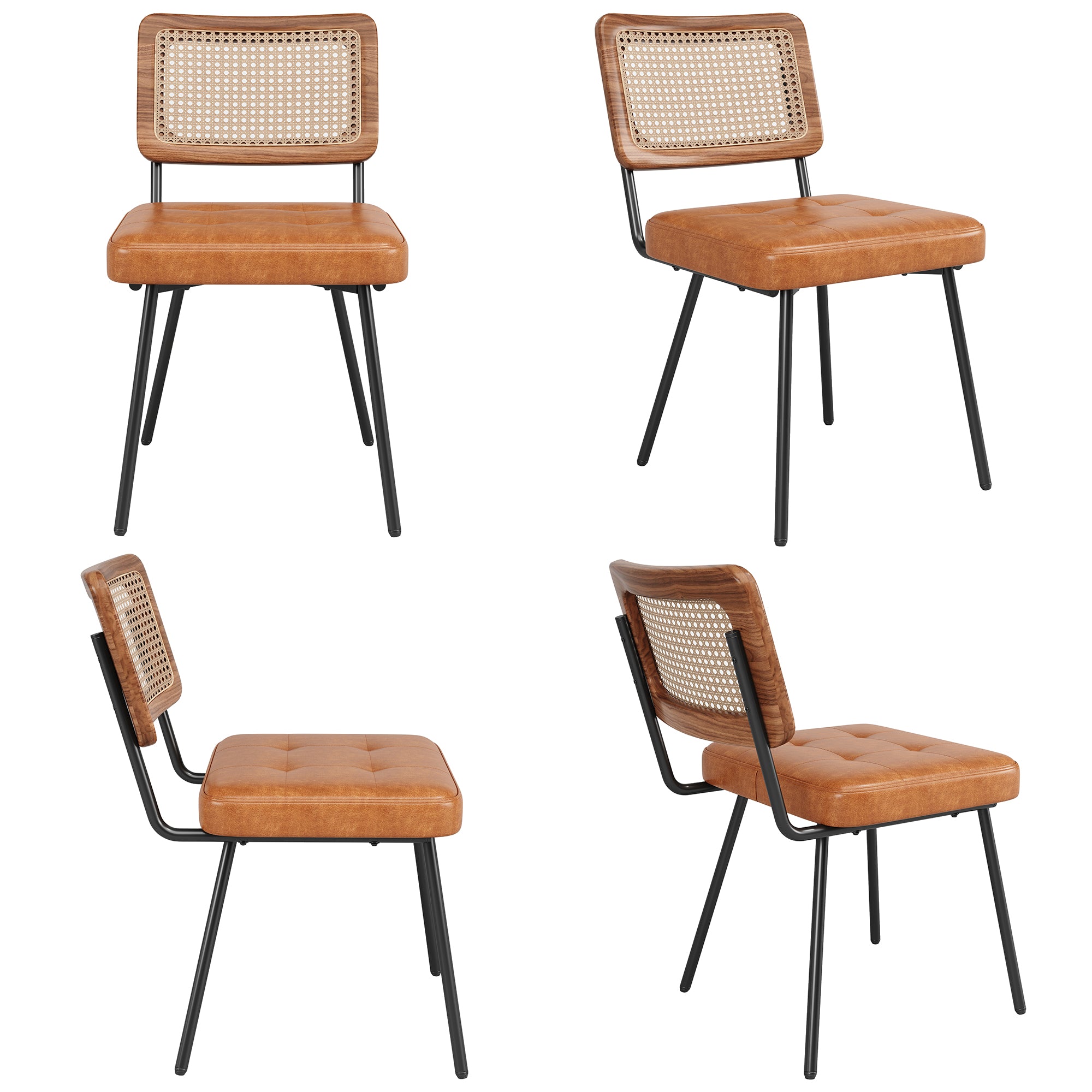 Ergonomic Dining Chair Set of 4, Rattan Retro Design, Faux Leather