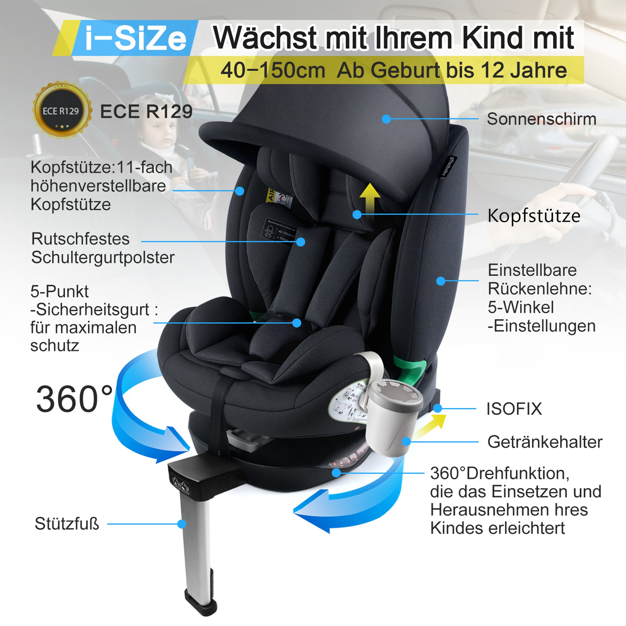 Child Car Seat i-Size 360° Rotatable ISOFIX 0-36kg with Sunshade and Cup Holder