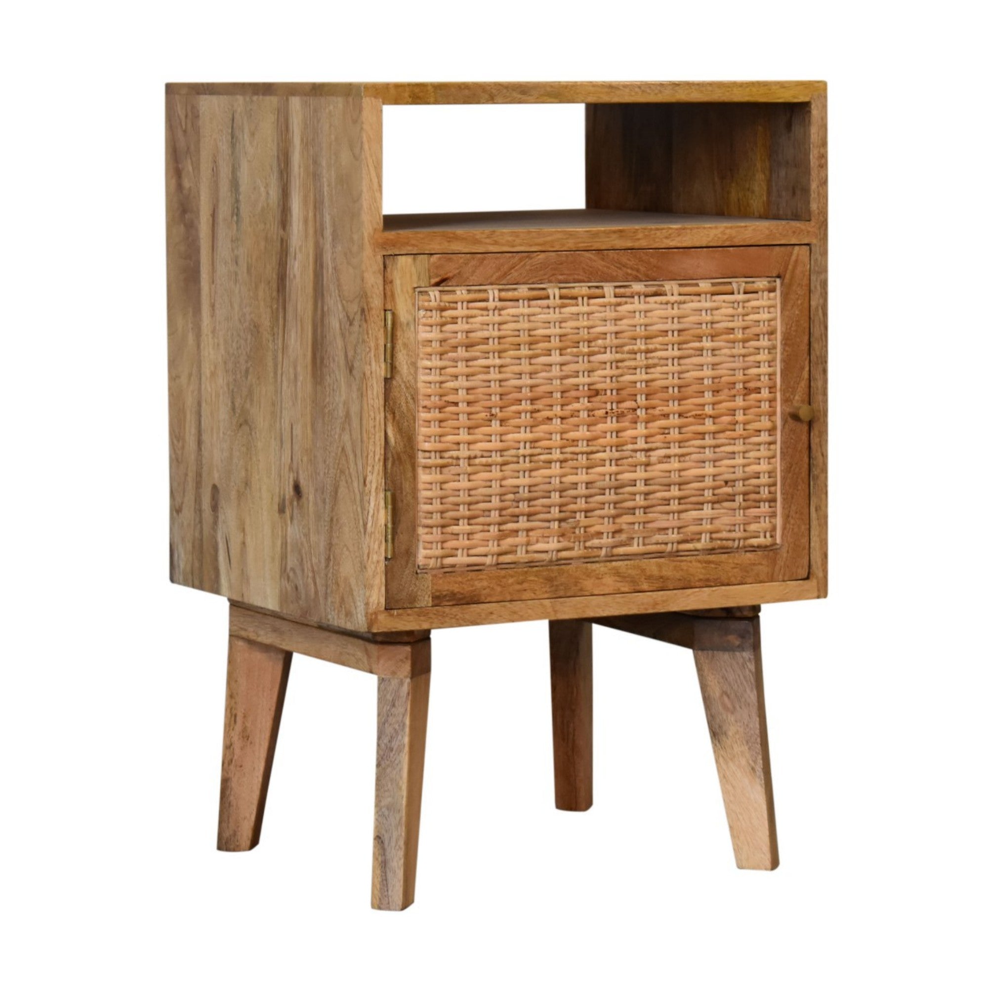 Solid Wood Bedside Table with Knit Door and Open Slot, Beige