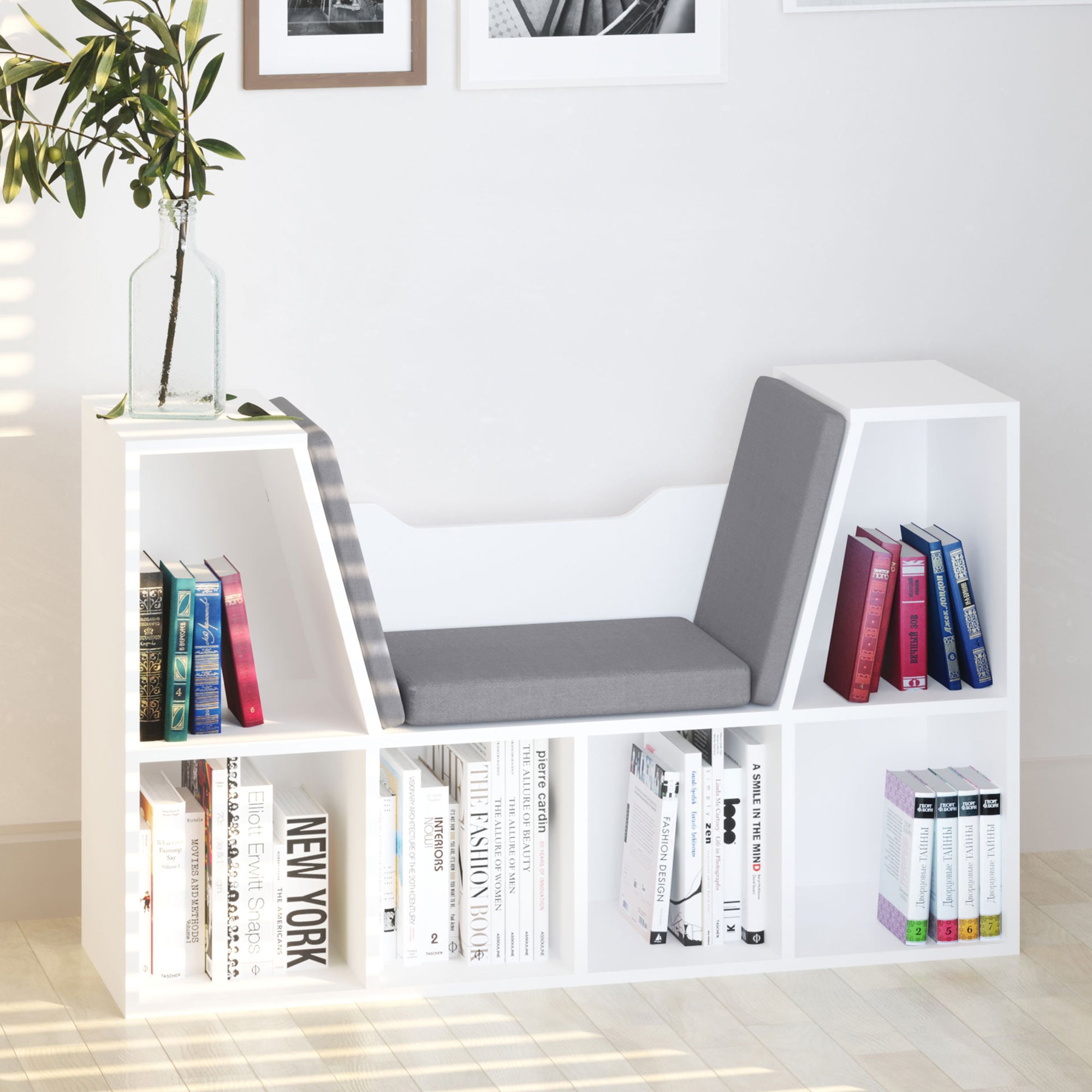 Bookcase Storage Shelf with Cushioned Reading Seat Cube Organizer White