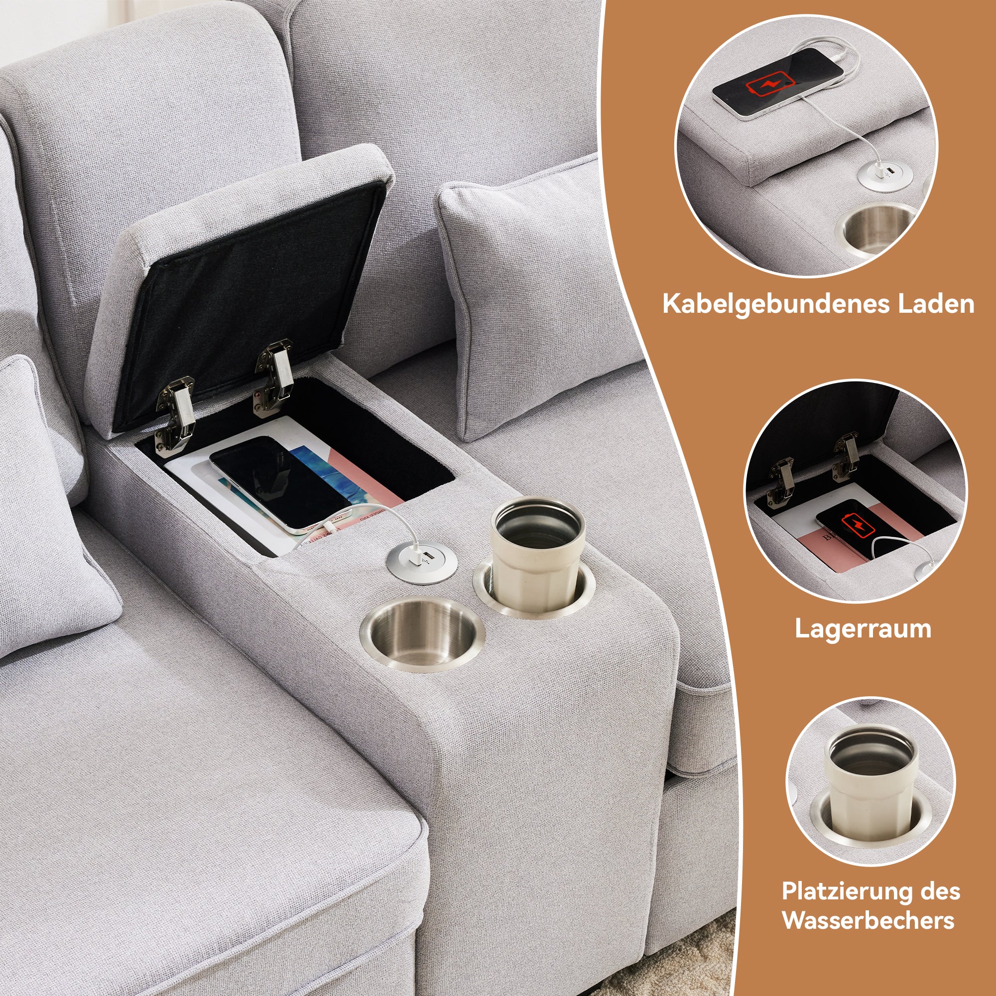 Sofa, 4-Seater with Console, Cupholders, USB, Linen Fabric