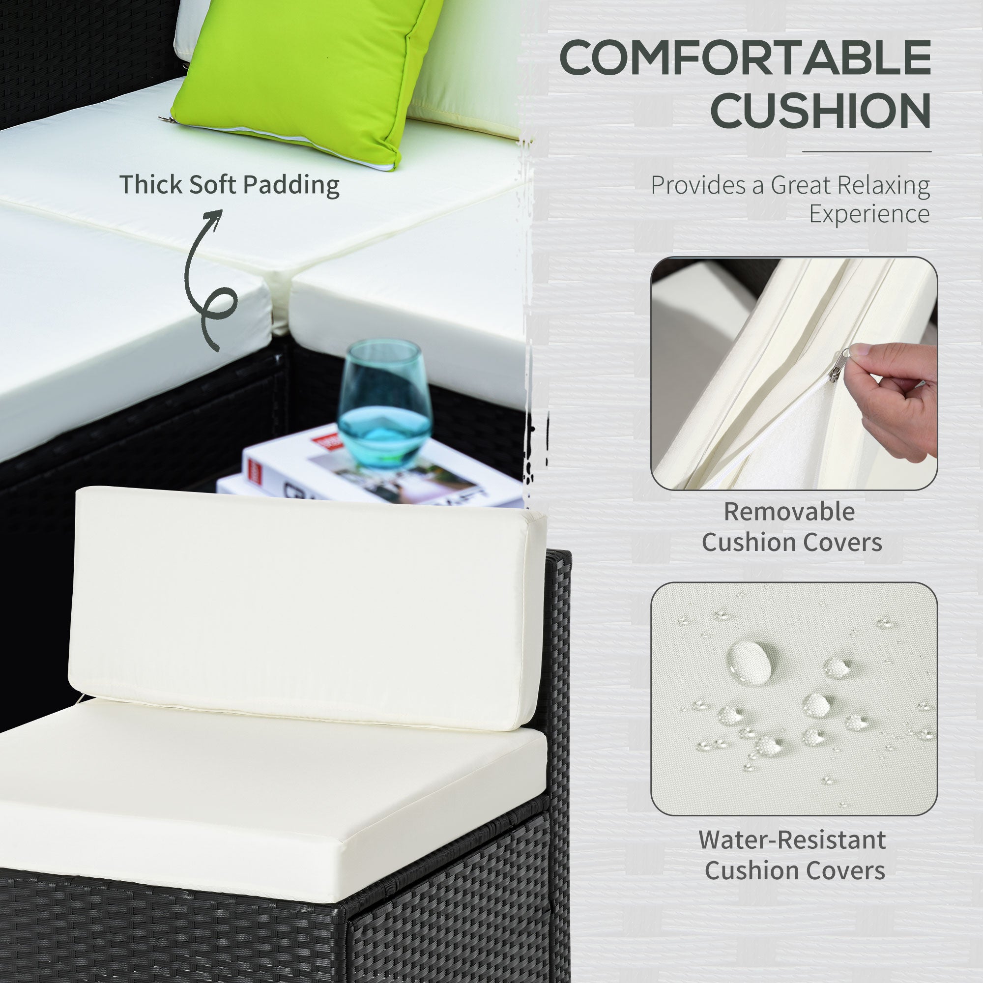 4-Seater Rattan Sofa Set Sectional Sofa Coffee Table with Cushions - Black