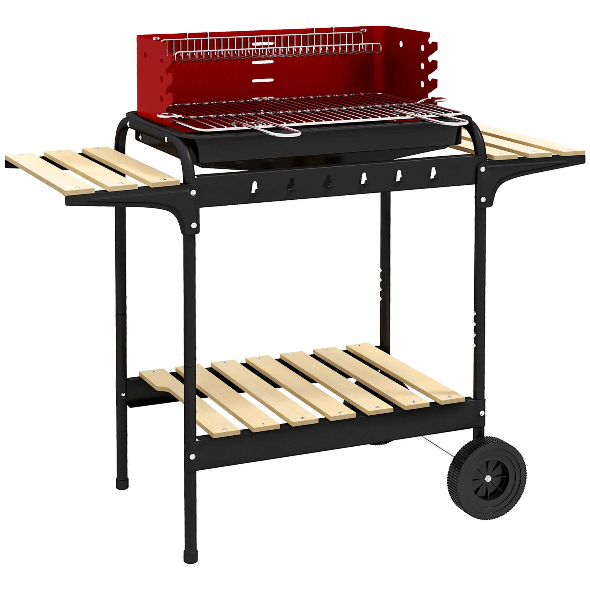 Metal Charcoal Grill BBQ Smoker Mobile with Wheels Adjustable Grate Wood Shelf