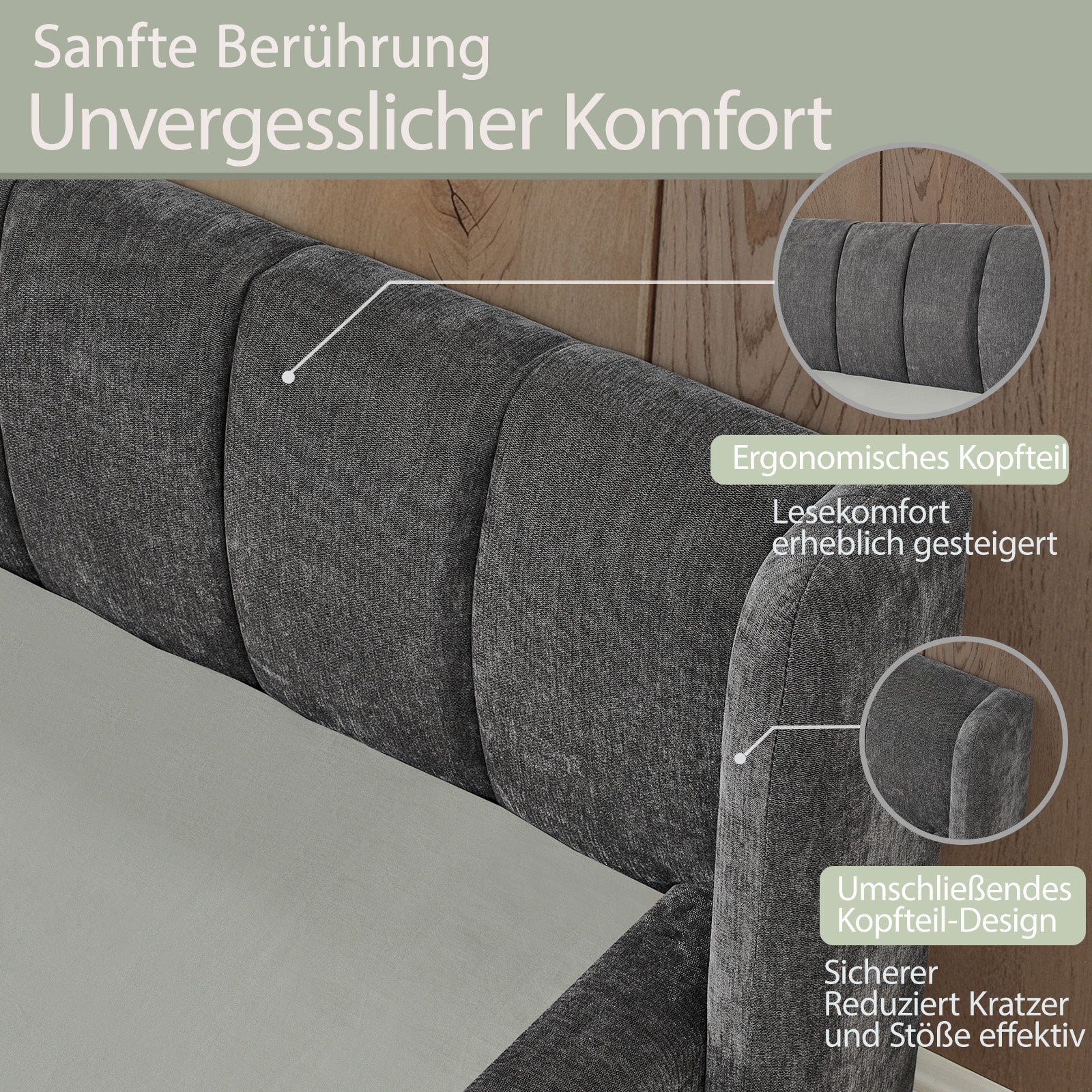 Single Bed 90x200cm Comfortable Backrest - Dark Grey Chenille