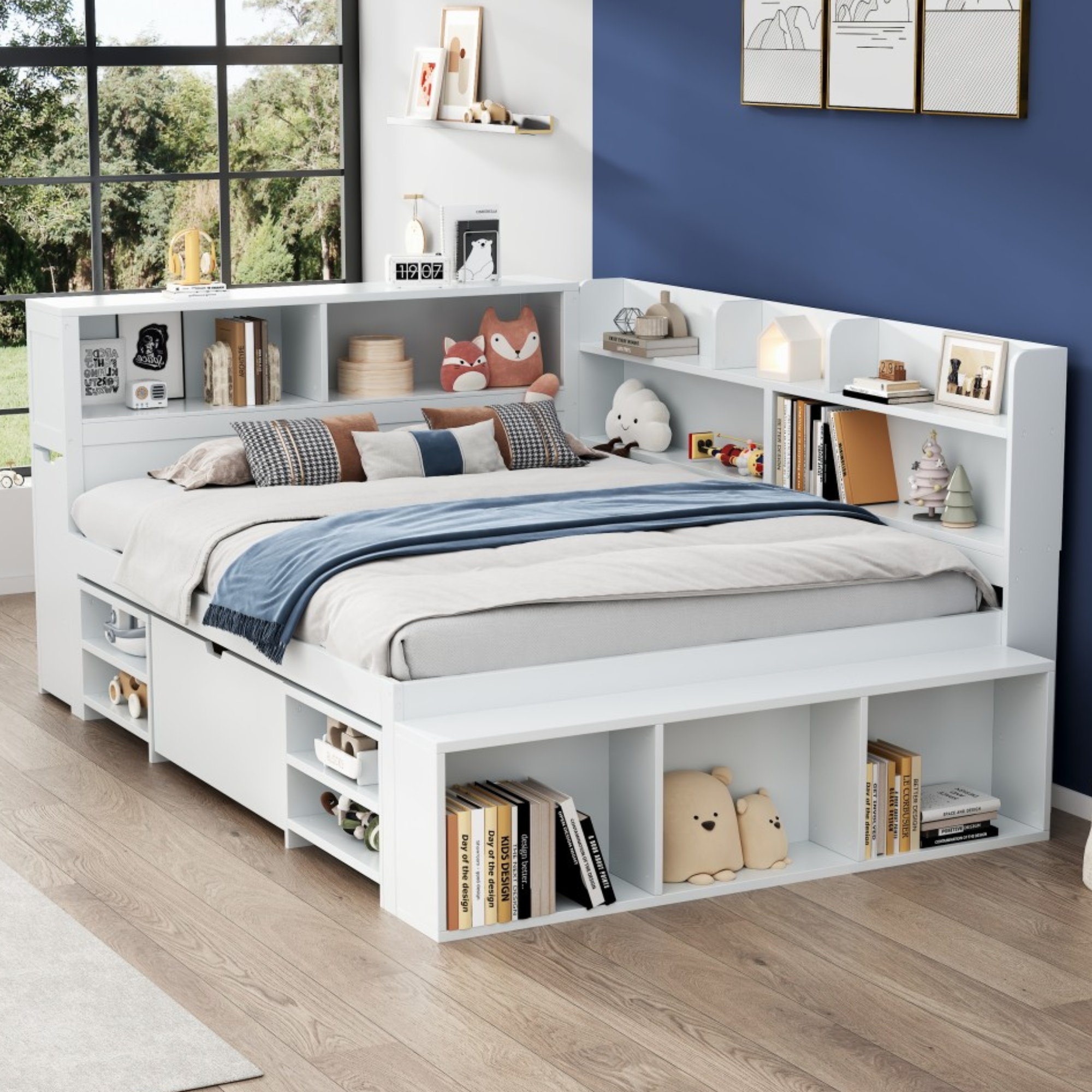 Children's Bed Double 4ft6 (135x190cm) with Drawers, Bookcase & Storage Cupboard, White
