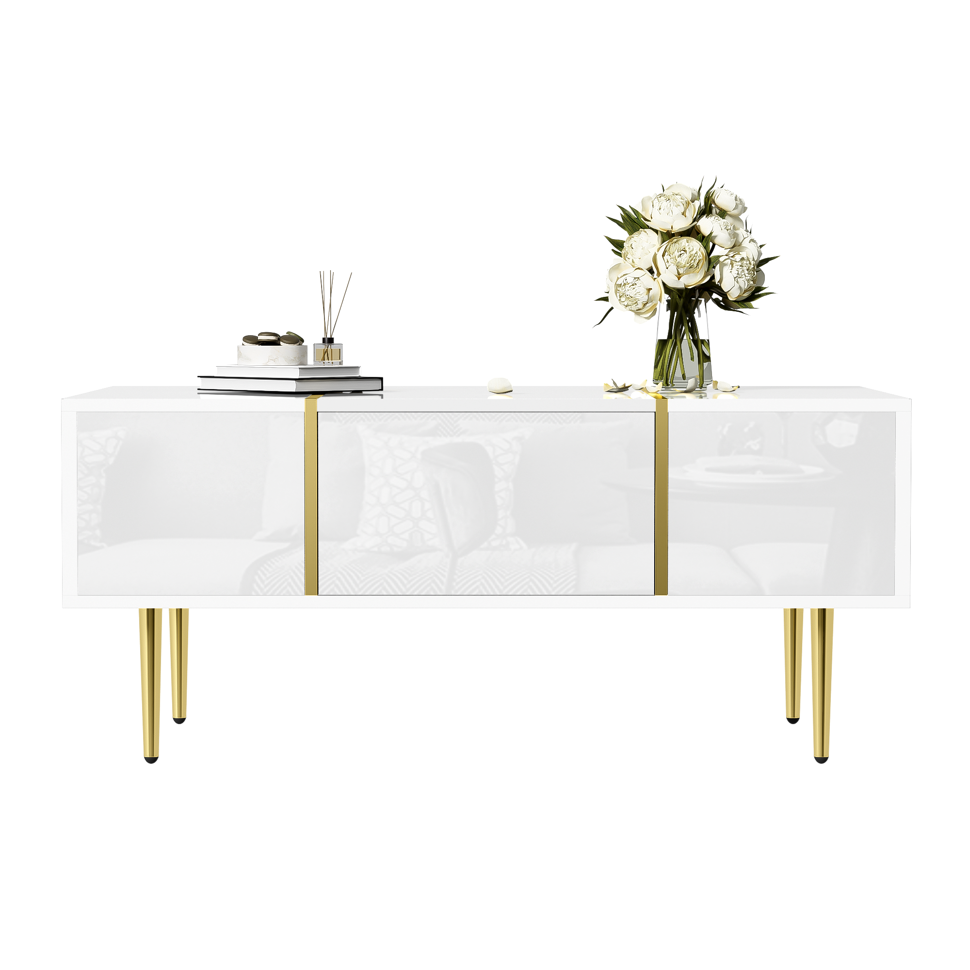 White high-gloss coffee table, modern and simple, with 2 drawers, made of Particle Board.