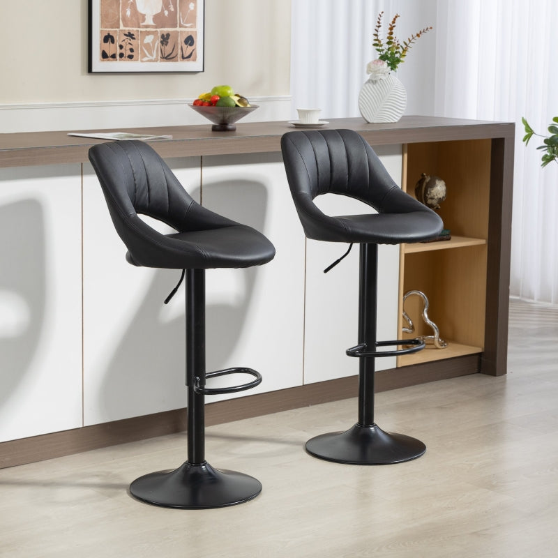 Set of Two Bar Stools, Adjustable Swivel Padded Seat, Faux Leather Black
