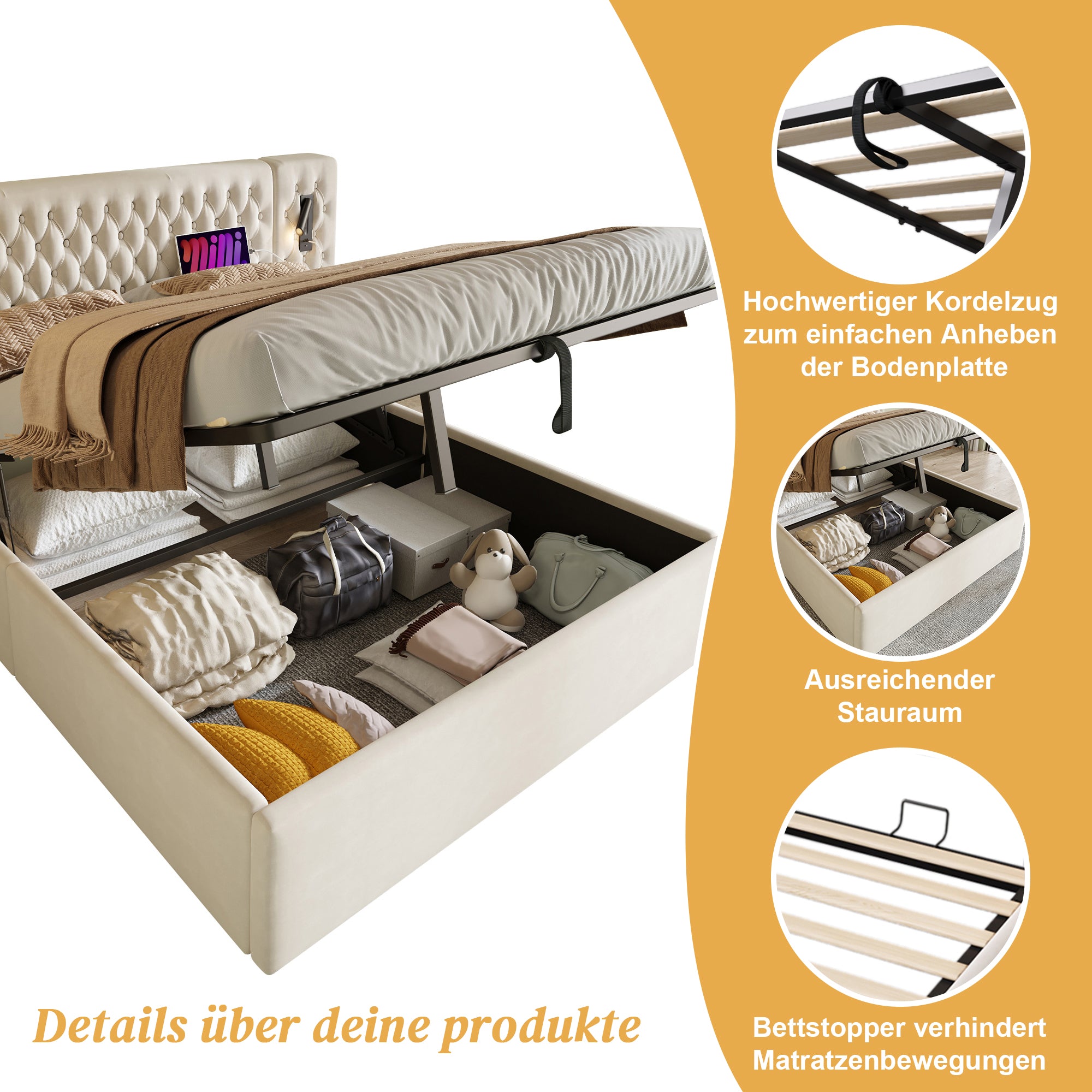 Bedroom Complete Set, Upholstered Hydraulic Storage Double Bed with 2 Bedside Tables & USB Reading Light, Beige Velvet