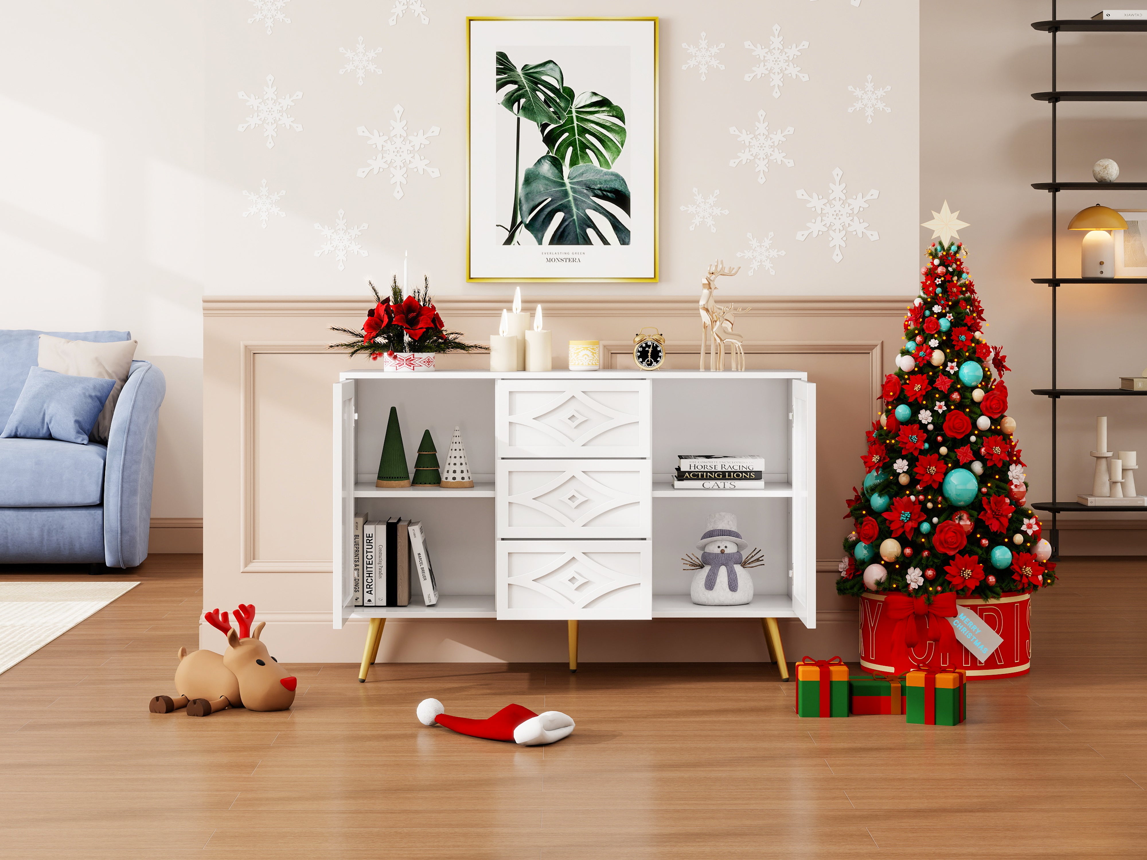 Chest of Drawers, Diamond Pattern with 3 Drawers & 2 Doors, Gold Feet White