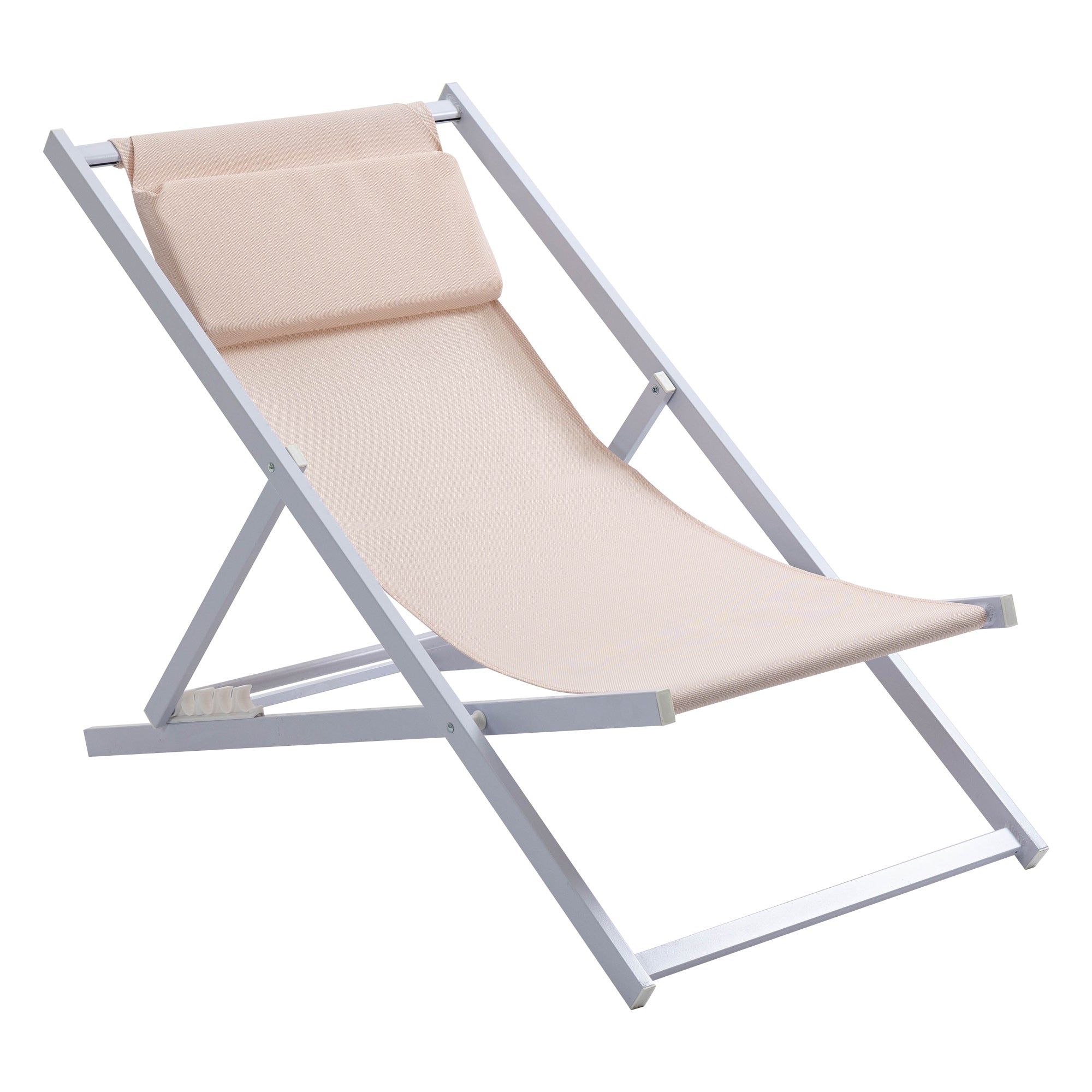 Set of 2 Folding Deck Chairs, Aluminum Frame Lounger, Beige