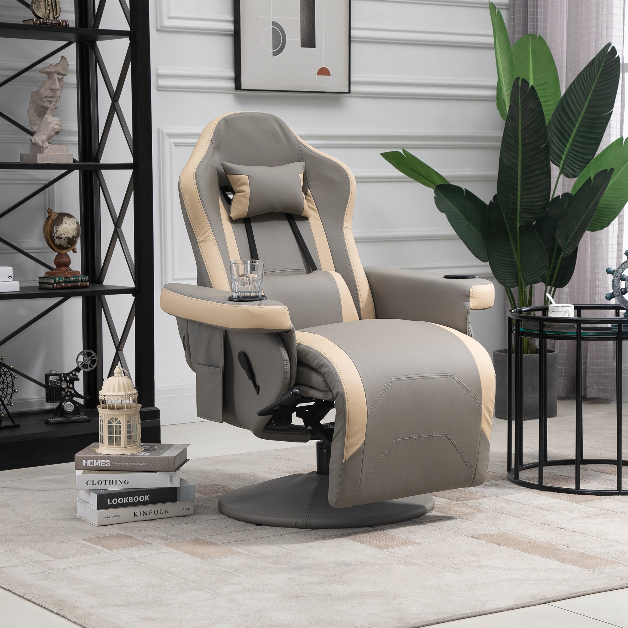 Manual Recliner Armchair with Adjustable Leg Rest, 135° Reclining, 360° Swivel, Grey PU Leather