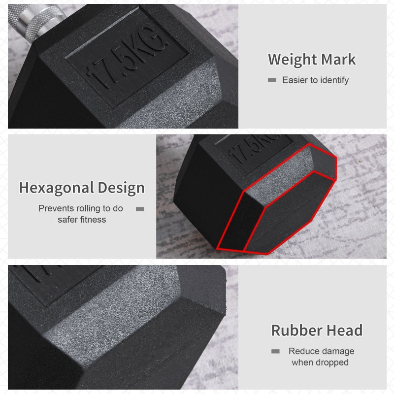 Dumbbell 17.5KG Single Hex Portable Hand Weight Rubber