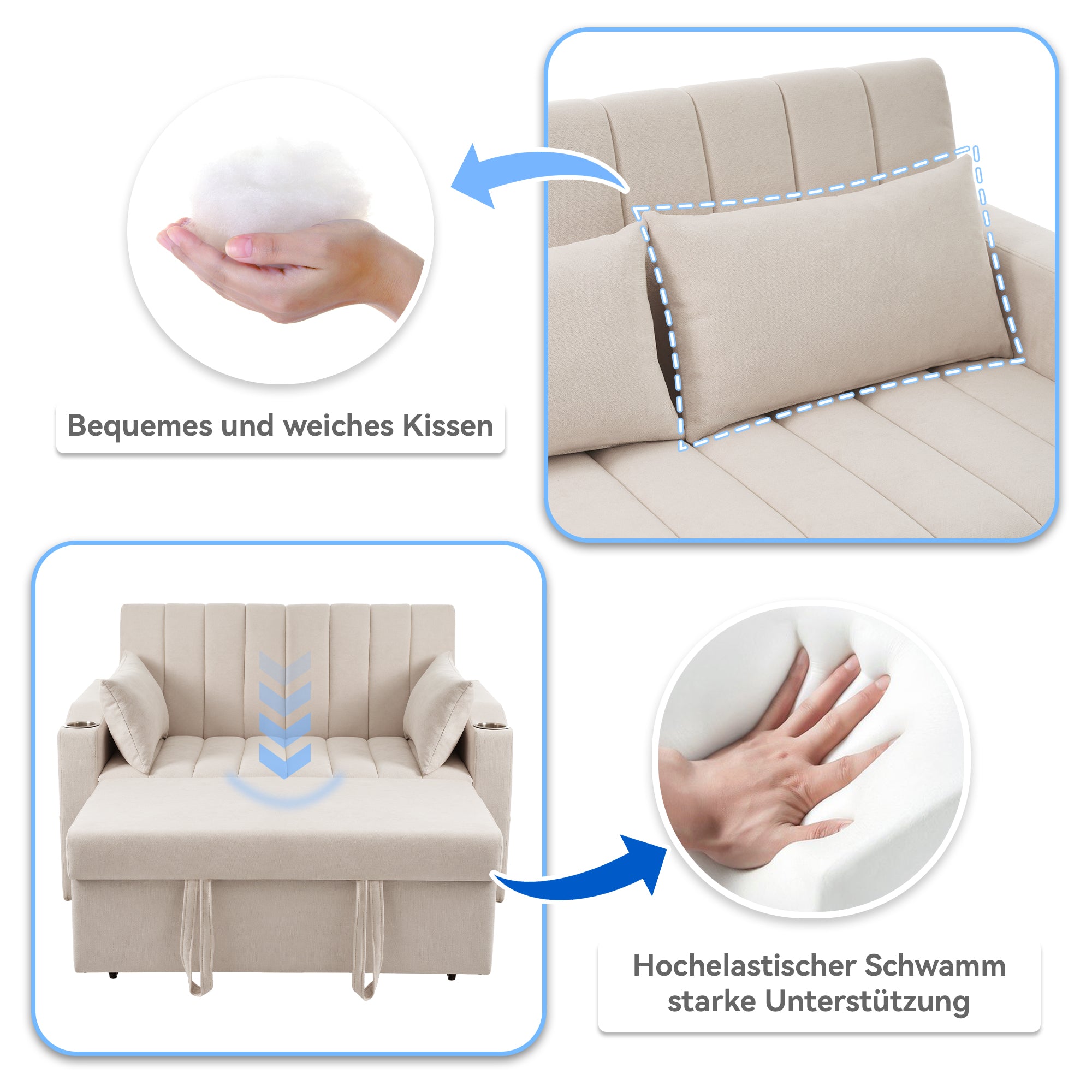 Multifunctional Sofa Sleeper Double Adjustable Backrest Drink Holder Cushions