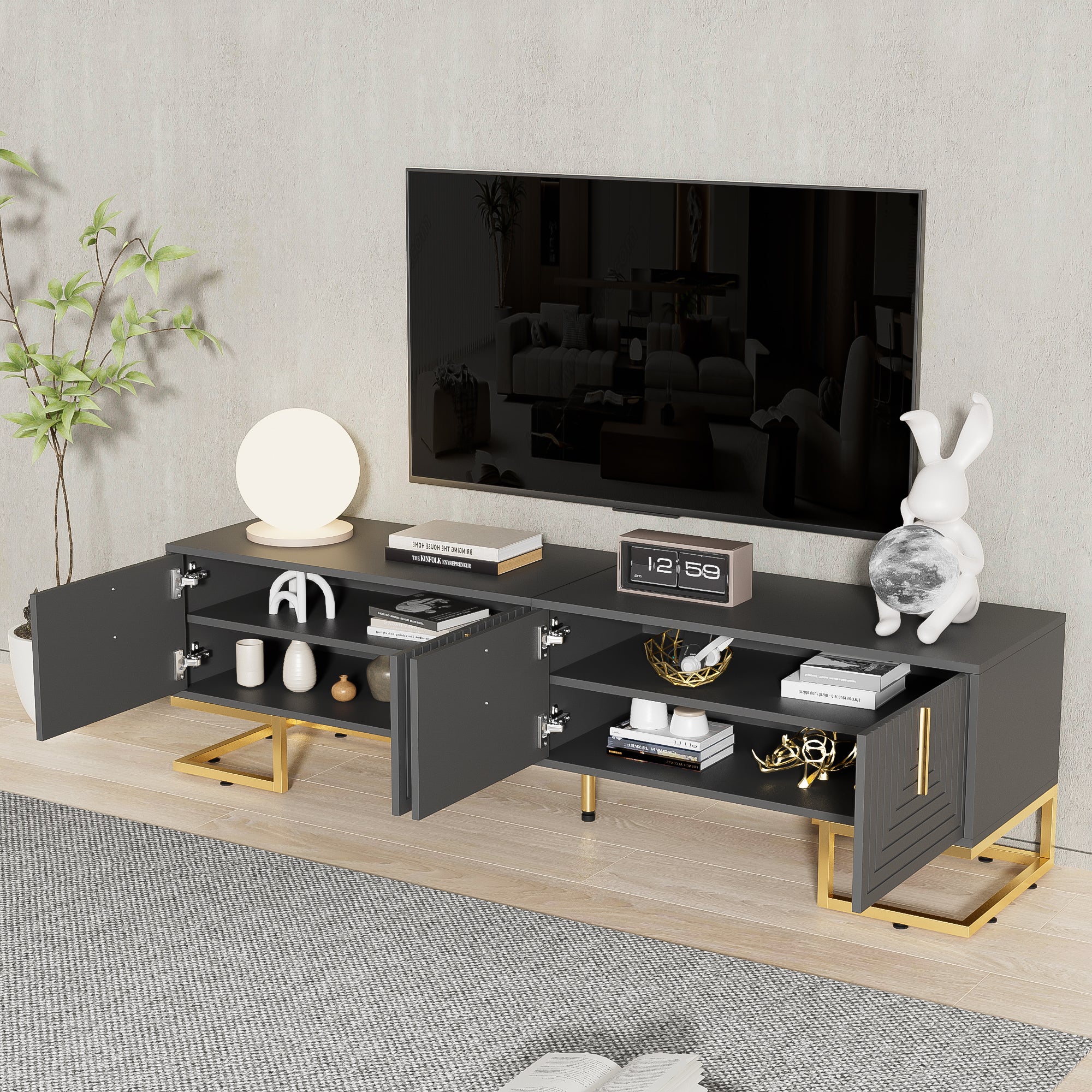 TV Cabinet Lowboard with Textured Door, Gold Handles and Feet