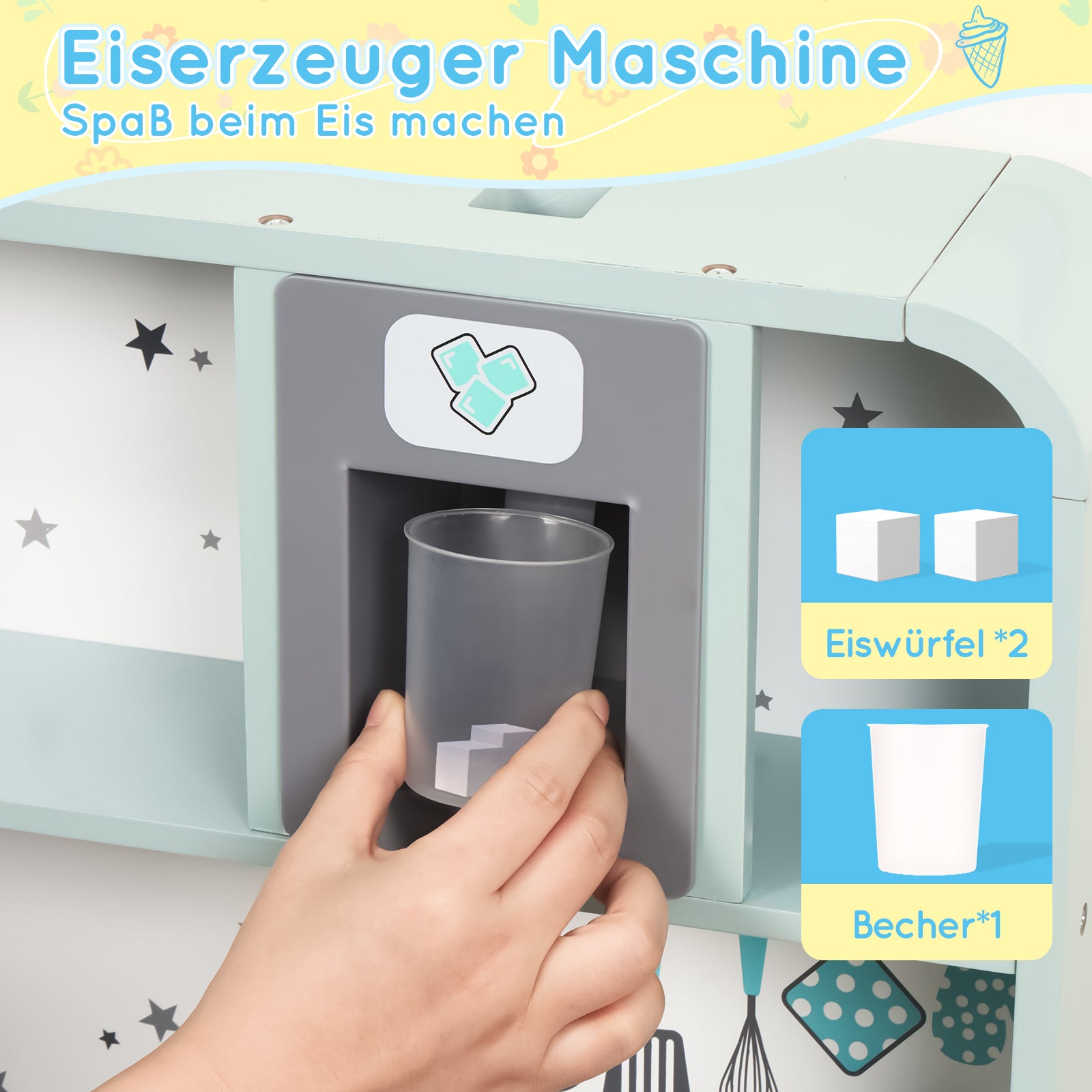 Children's Play Kitchen with Ice Maker and Microwave, Wood and Plastic, Blue