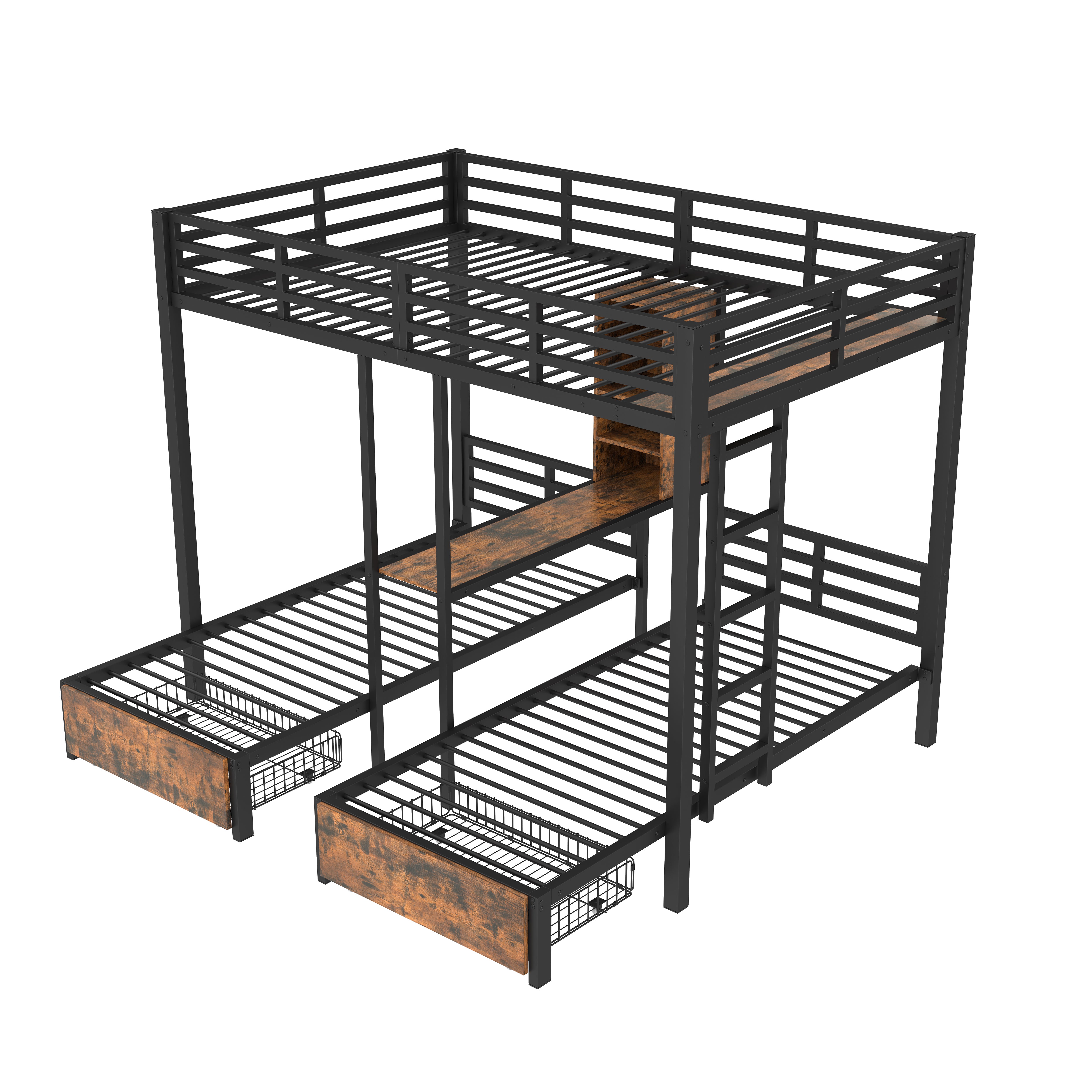 Bunk Bed 3 Beds 140x200 + 90x200 Storage Drawers Black