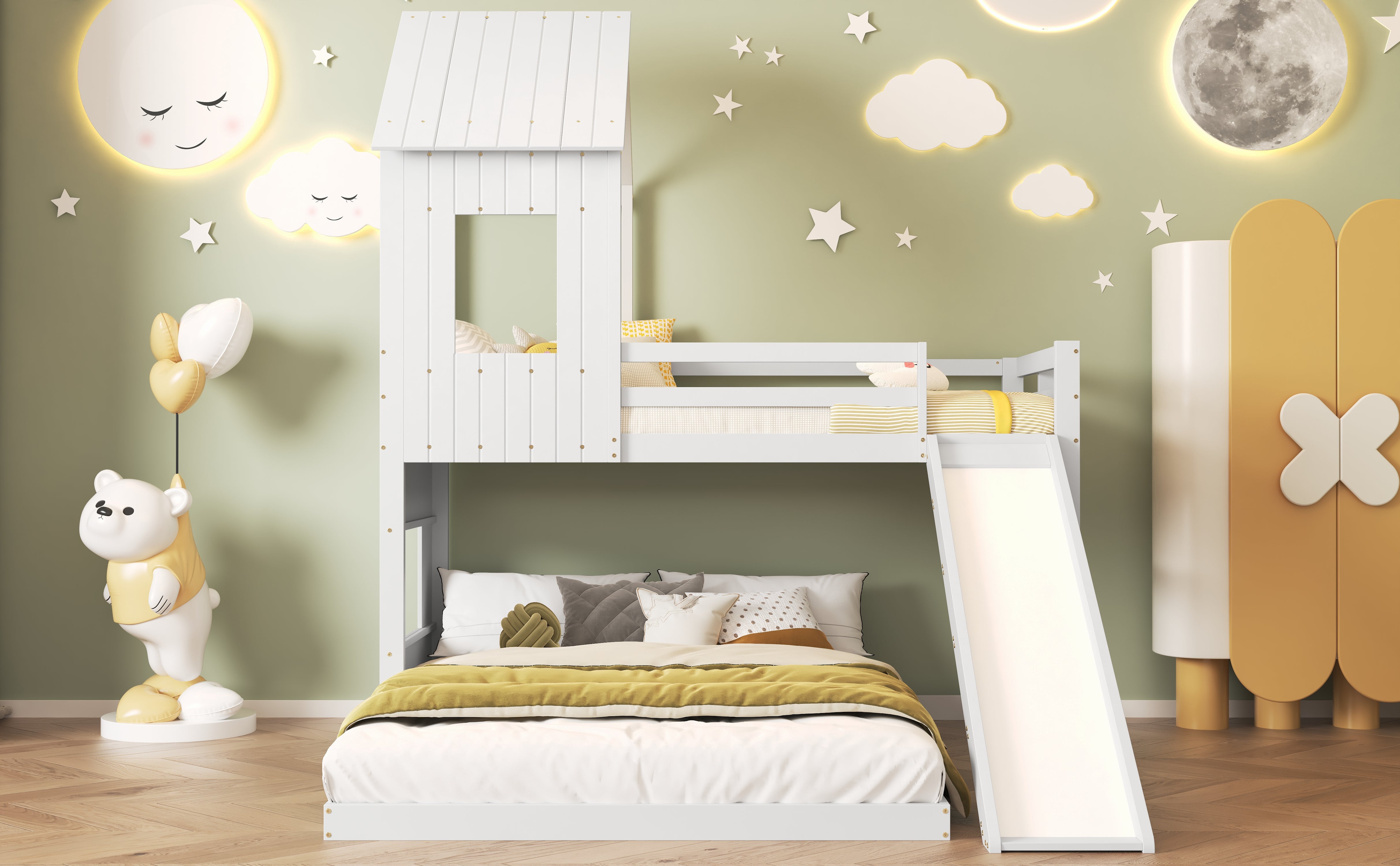 Bunk Bed, Slide House Bed with Safety Gate & Ladder, Pine + MDF, White