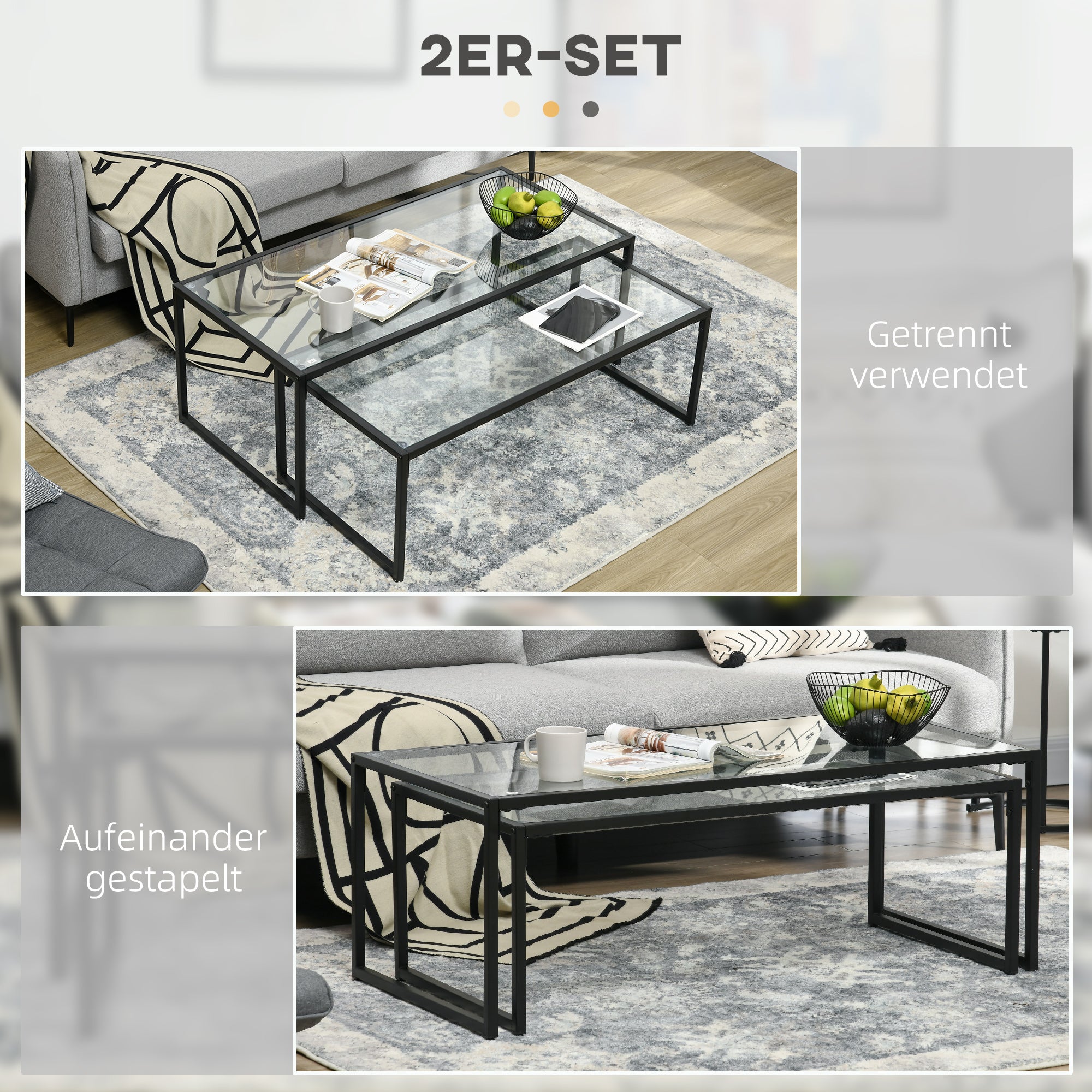 Coffee Table Set of 2 Nesting Side Table Glass Black Steel