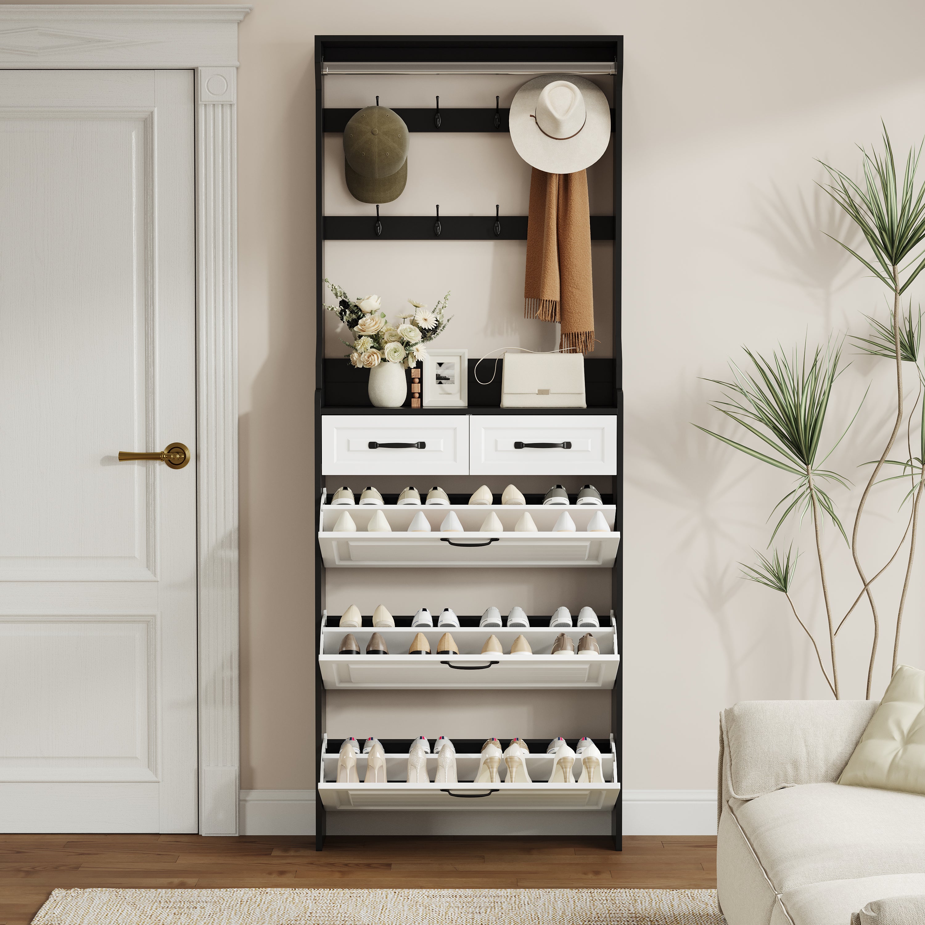 Shoe Cabinet with Hanger, 3 Doors and 2 Drawers, Black