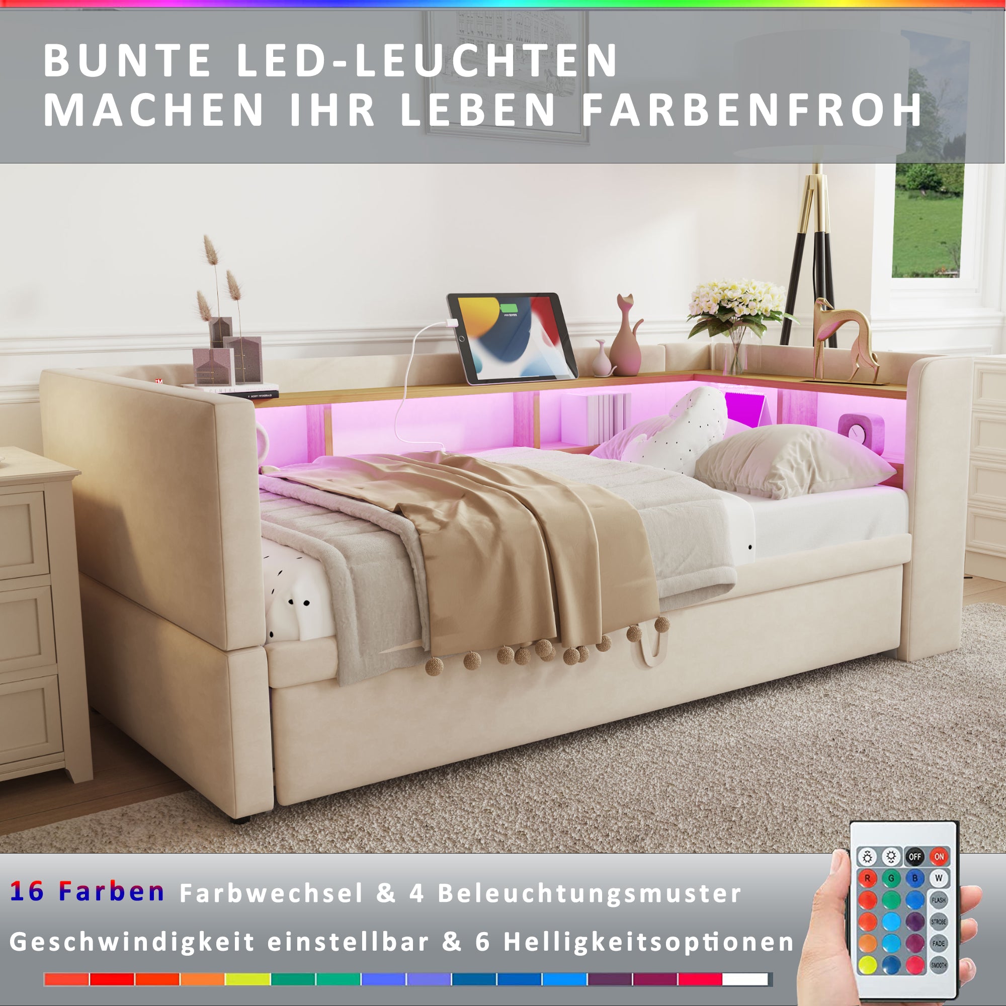 Upholstered Bed, Pull-Out Sofa Bed 90/180*190cm with LED Lights, Sockets & Storage - Beige