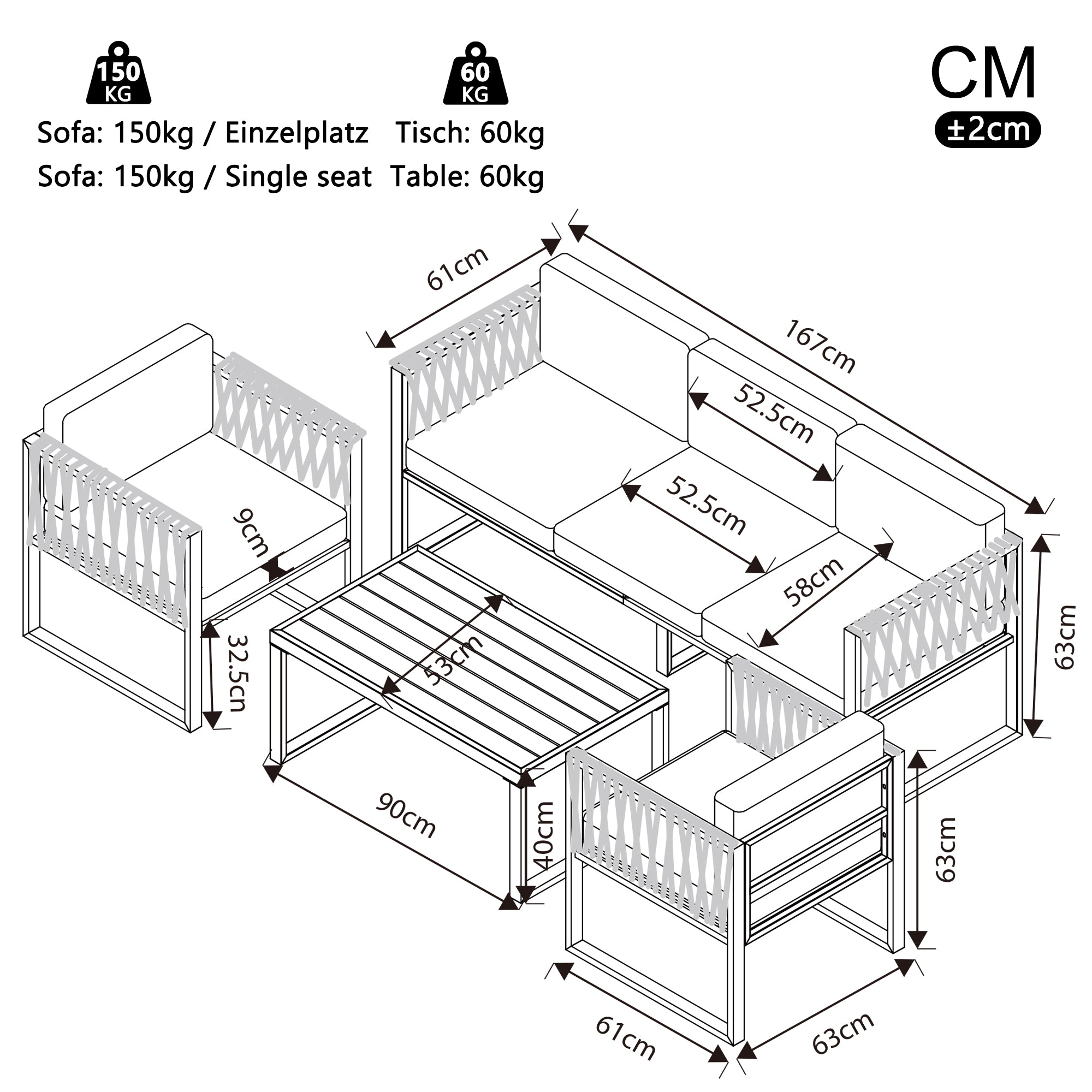 Outdoor Sofa Set 5-Seater Adjustable Feet Rustproof Metal Frame - Grey