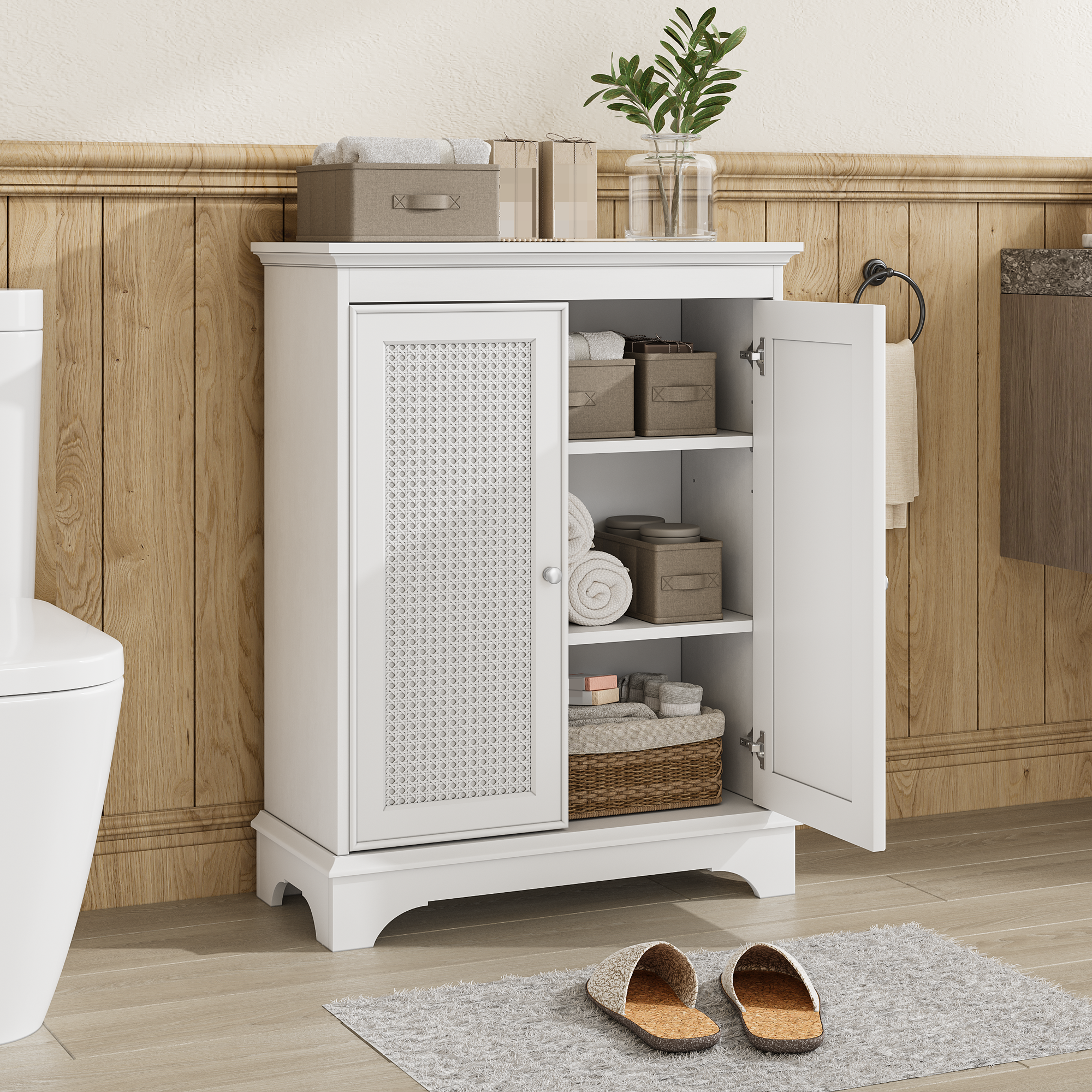 Bathroom Cabinet, Floor-Standing with Basket Door & Adjustable Shelf, White