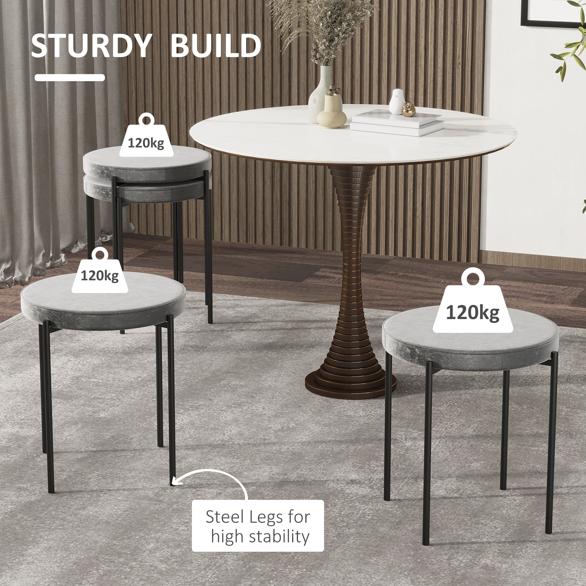 Dining Stools/Kitchen Chairs Set of 4 Stackable Upholstered Velvet Look, Grey Metal