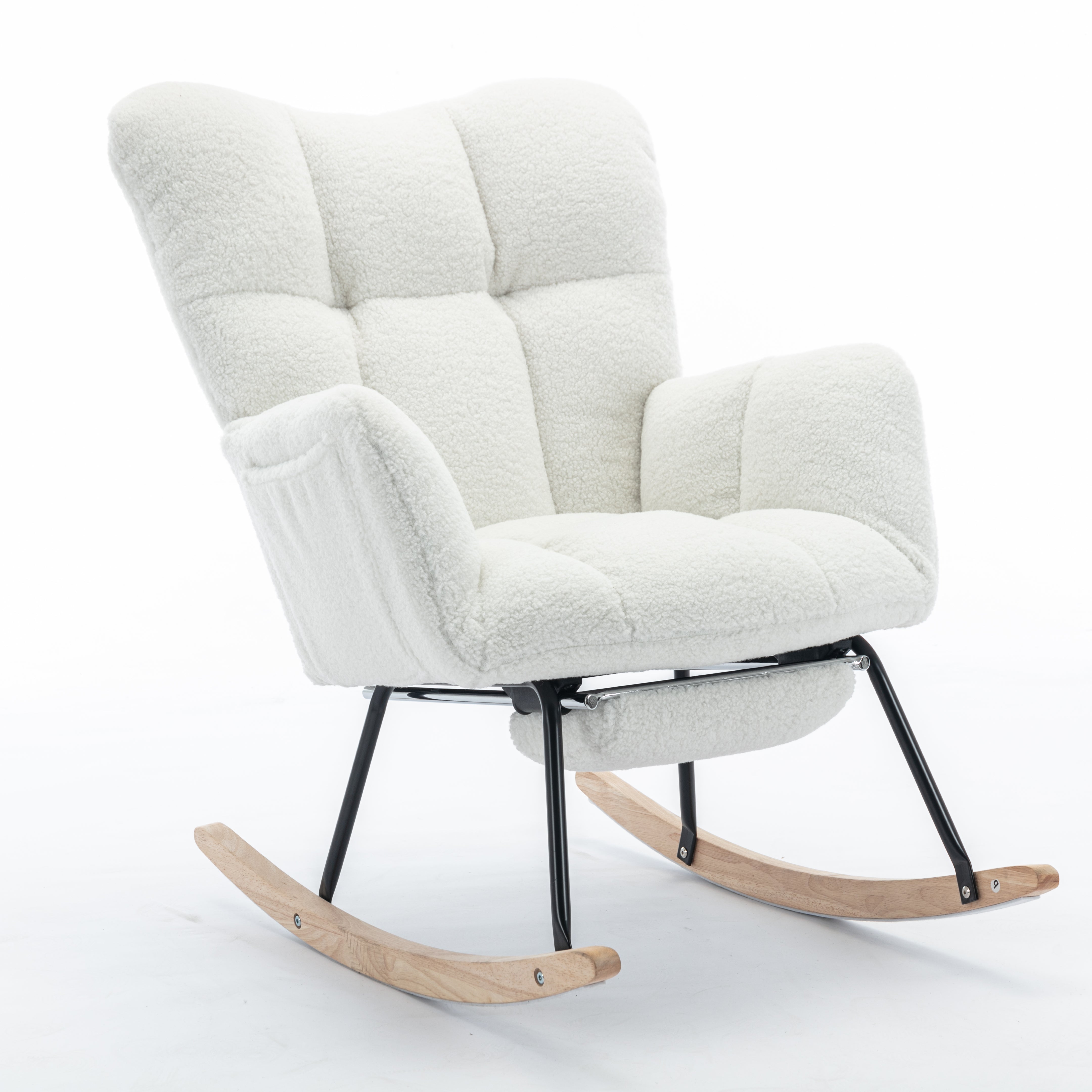 New Modern Teddy Fabric Tufted Upholstered Rocking Chair with Pull-Out Footrest, White