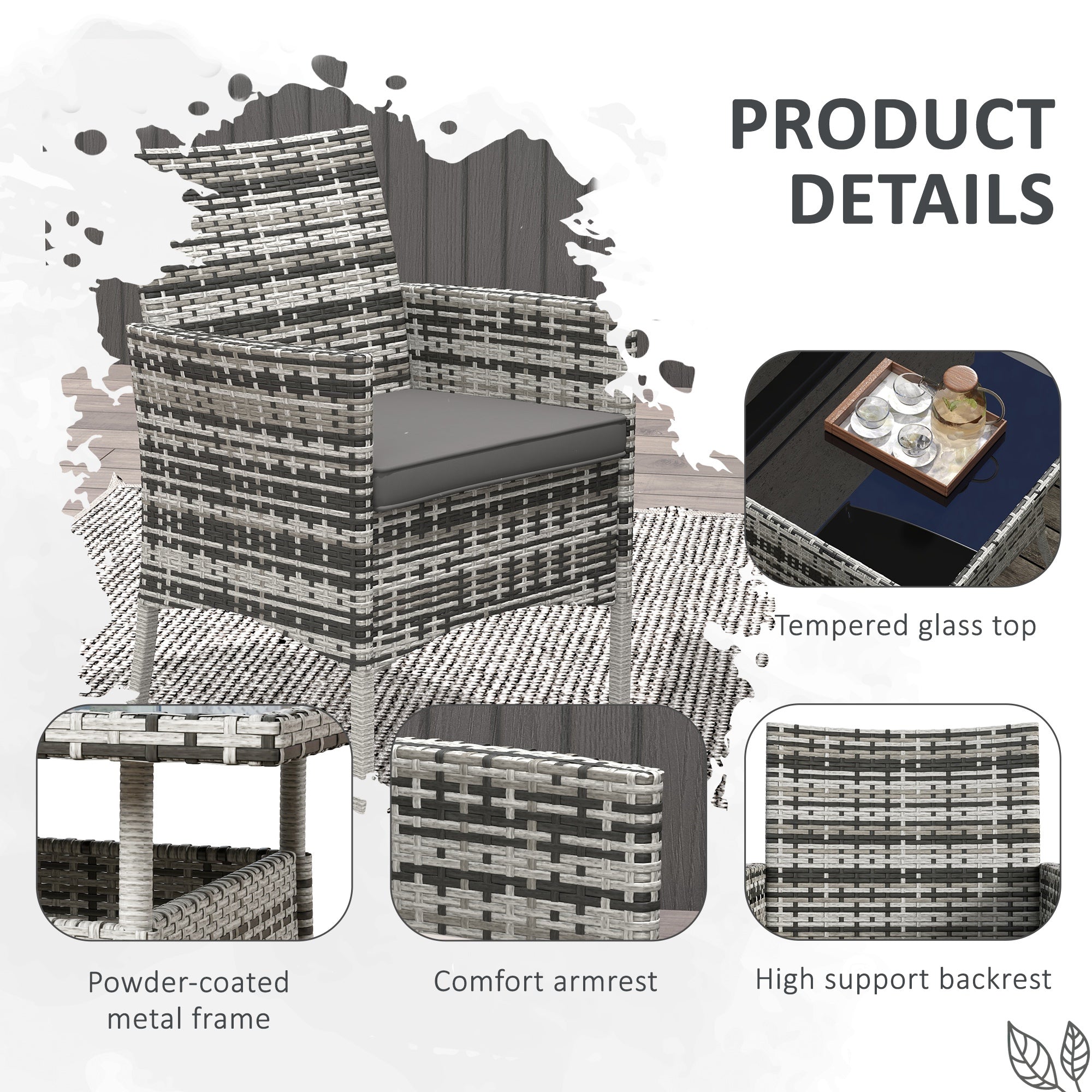 Five-Pieces Dining Set 4 Armchairs Tempered Glass Table Rattan Mixed Grey