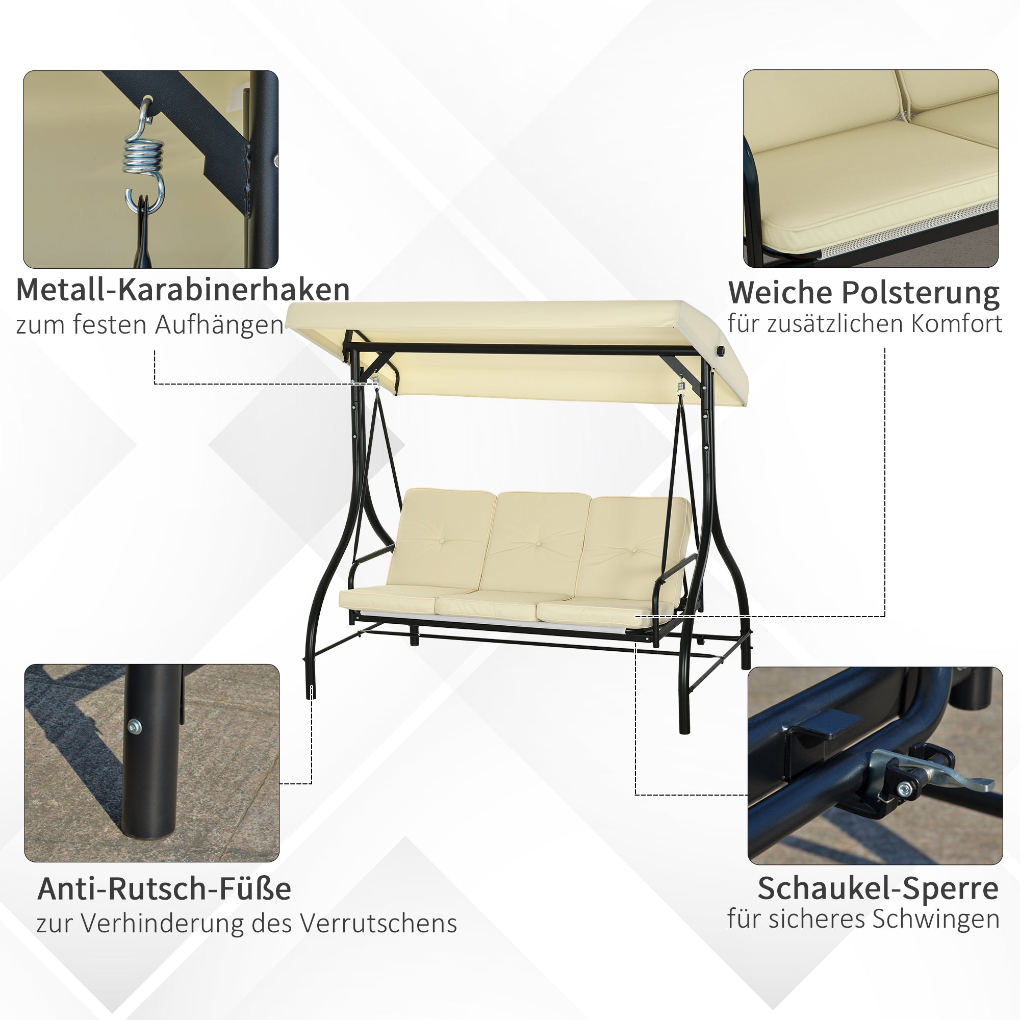 Porch Swing, 2-in-1 Reclining 3-Seater with Adjustable Sunroof, 240 kg, Beige