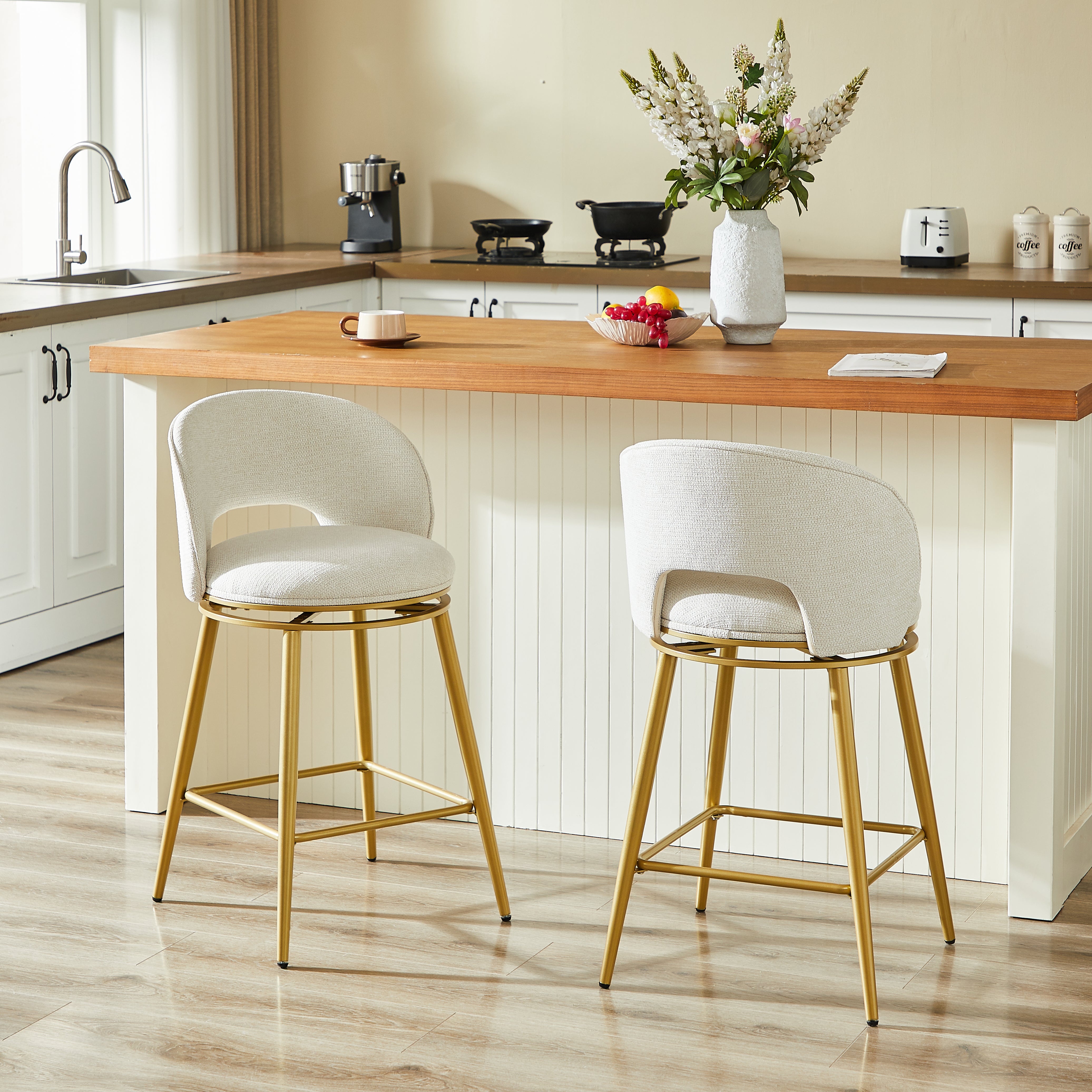 Chenille Swivel Bar Stools, Set of 2 with 360° Rotation and Cut-Out Backrest, Gold and White