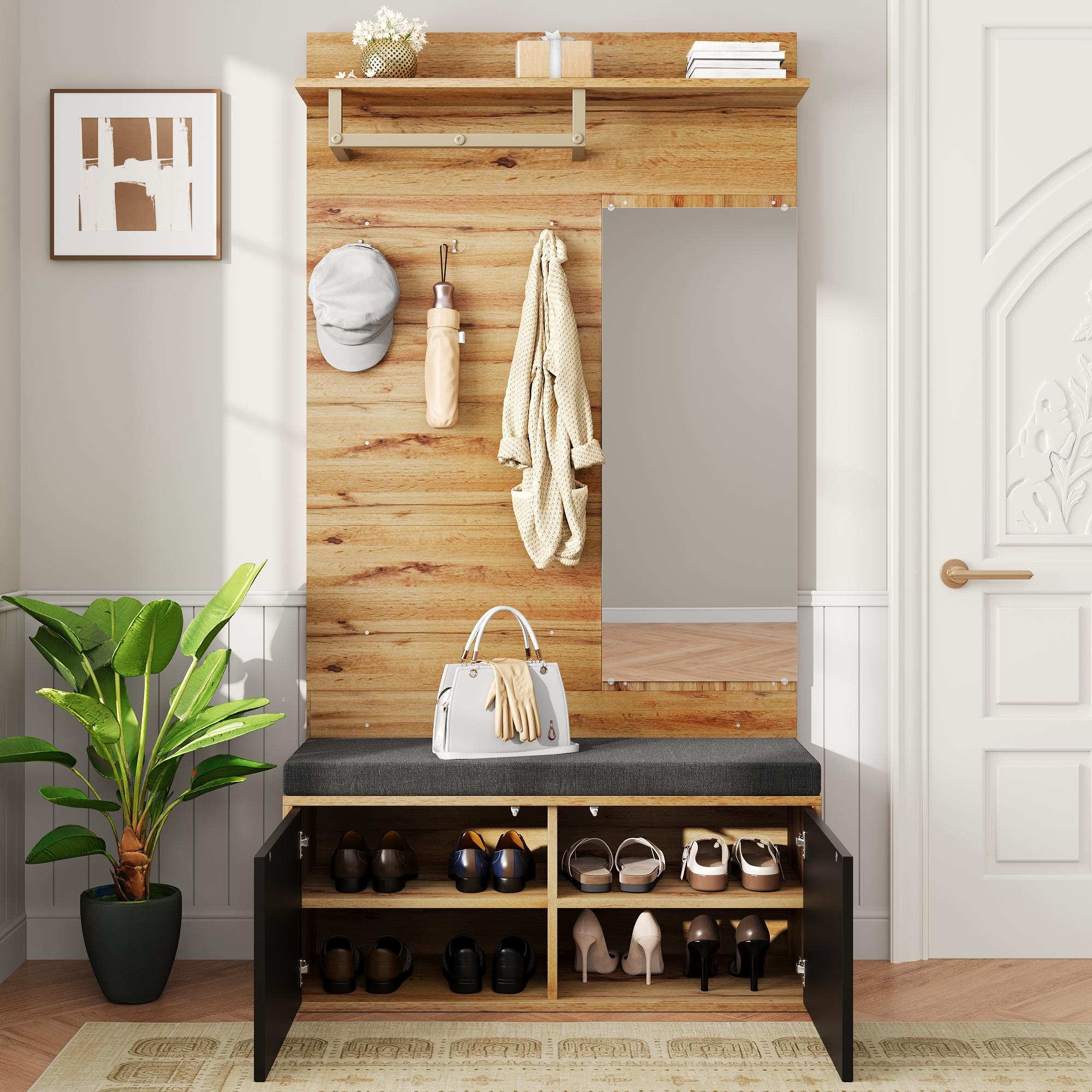 Wardrobe Set Compact Hallway Unit with Mirror, Cushions, and Shoe Cabinet, 100x190x38 cm