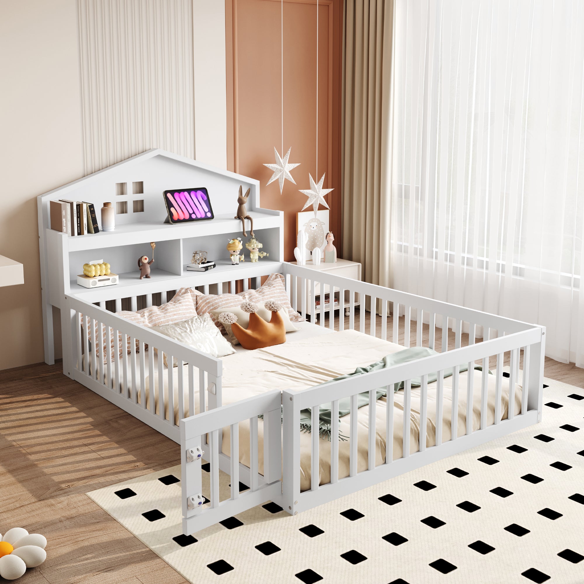 Children's Bed 140x200, Solid Wood House Frame with Shelves & Storage, White