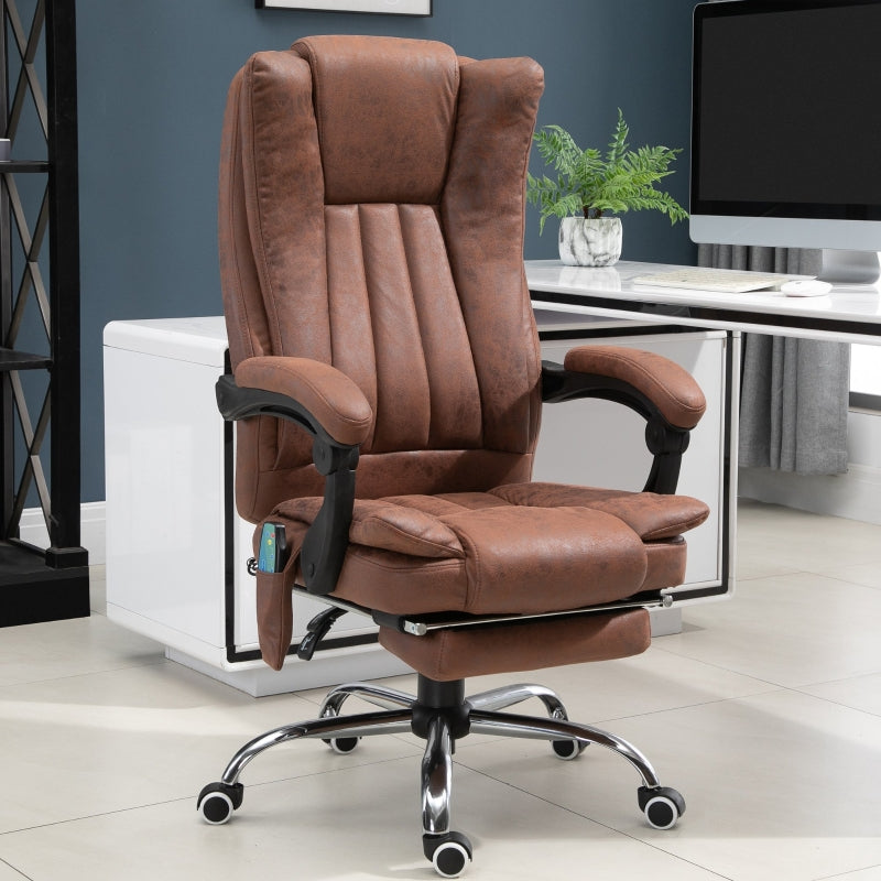 Office Chair, Massage Heat Reclining Footrest Adjustable Height Swivel, Brown Microfibre