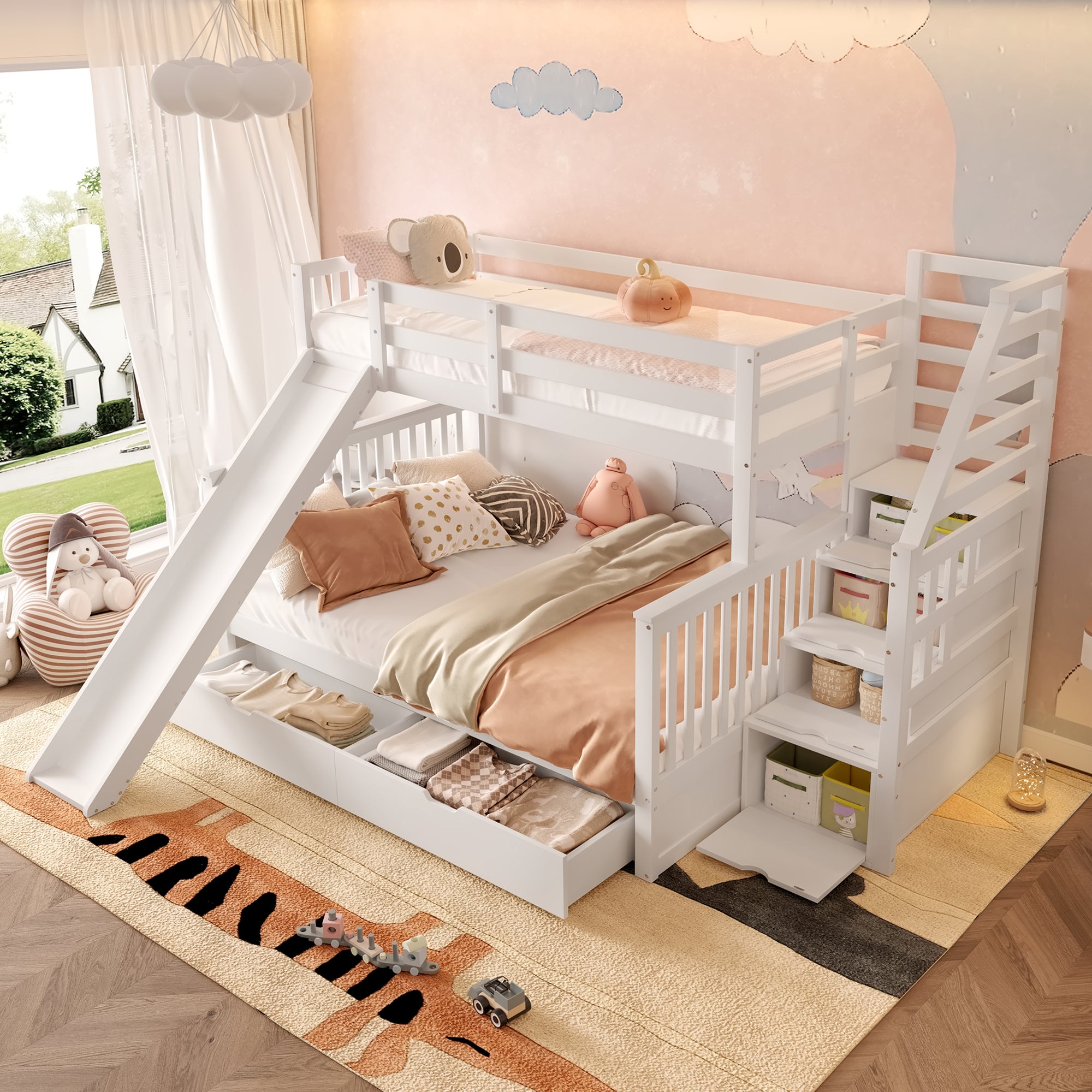 Bunk Bed 90x200 over 140x200 with Drawers, Storage, Slide, Multifunctional, White