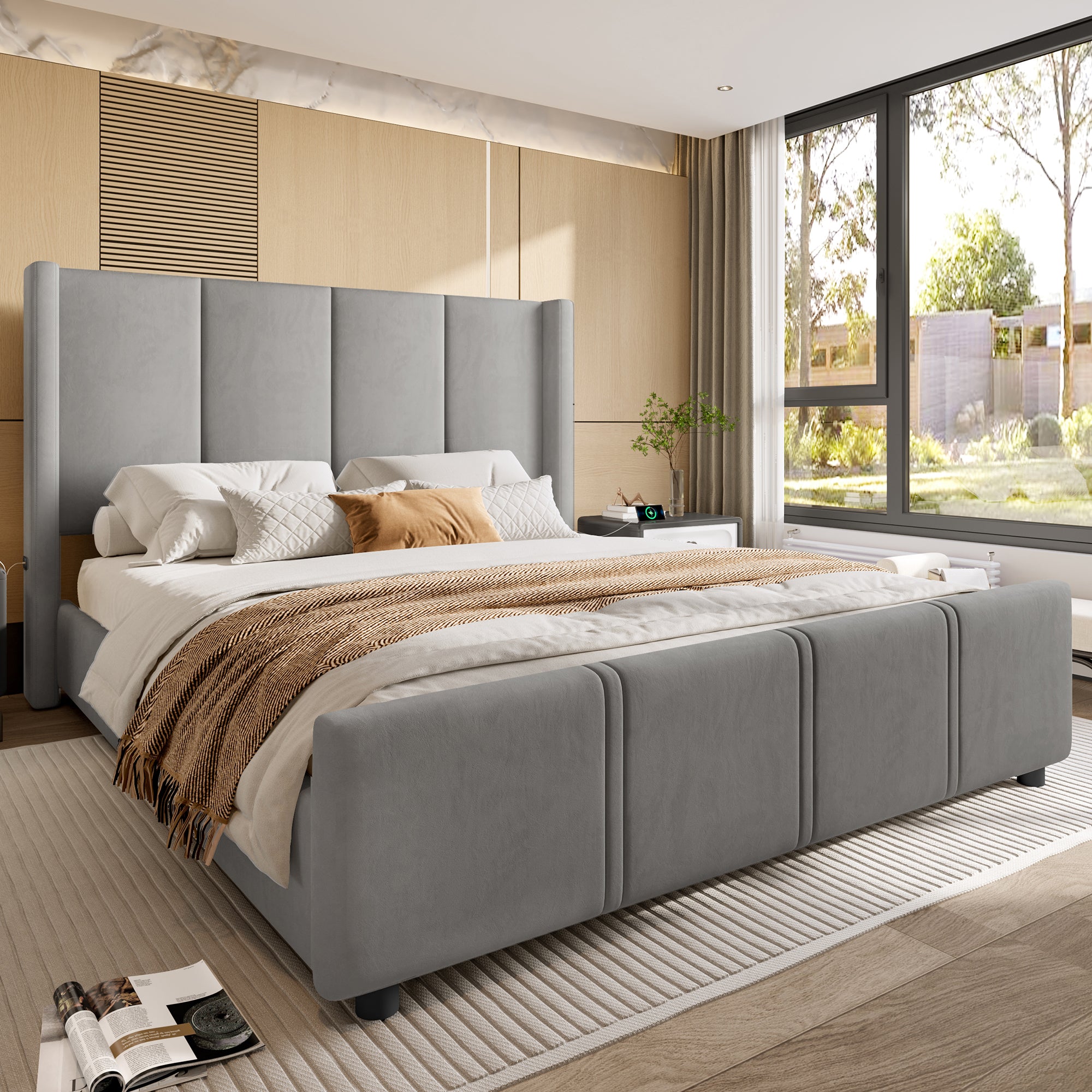 Upholstered Bed Frame, 140x200cm Modern with USB Port, Grey