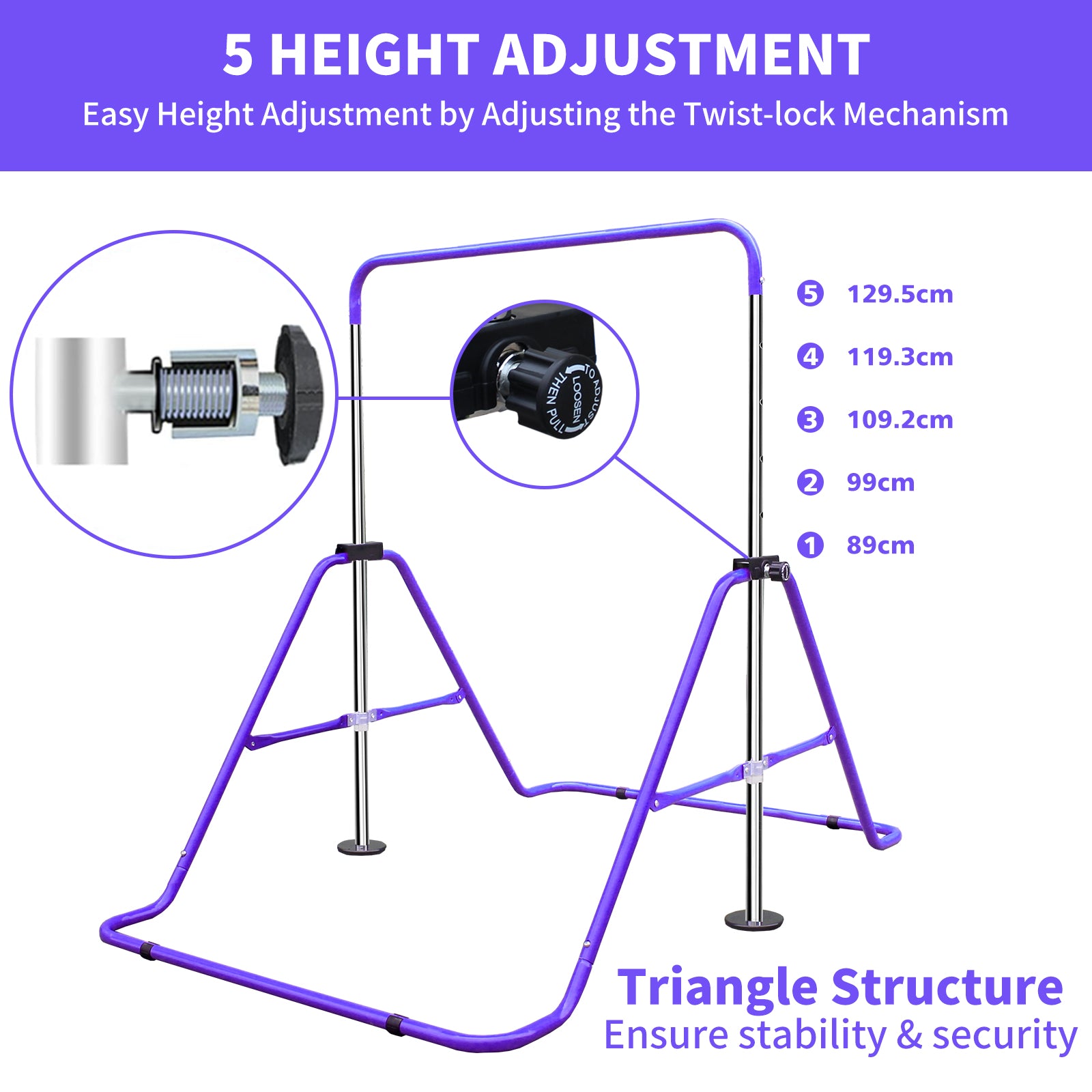 Expandable Gymnastics Bar, Height Adjustable Folding Junior Training, Purple