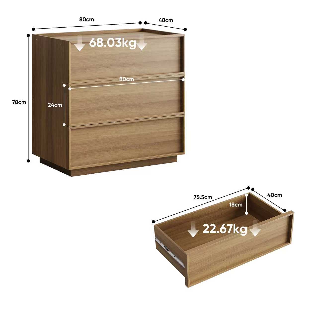 Chest of Drawers with 3 Storage Drawers and Metal Rails, Oak Wood Look