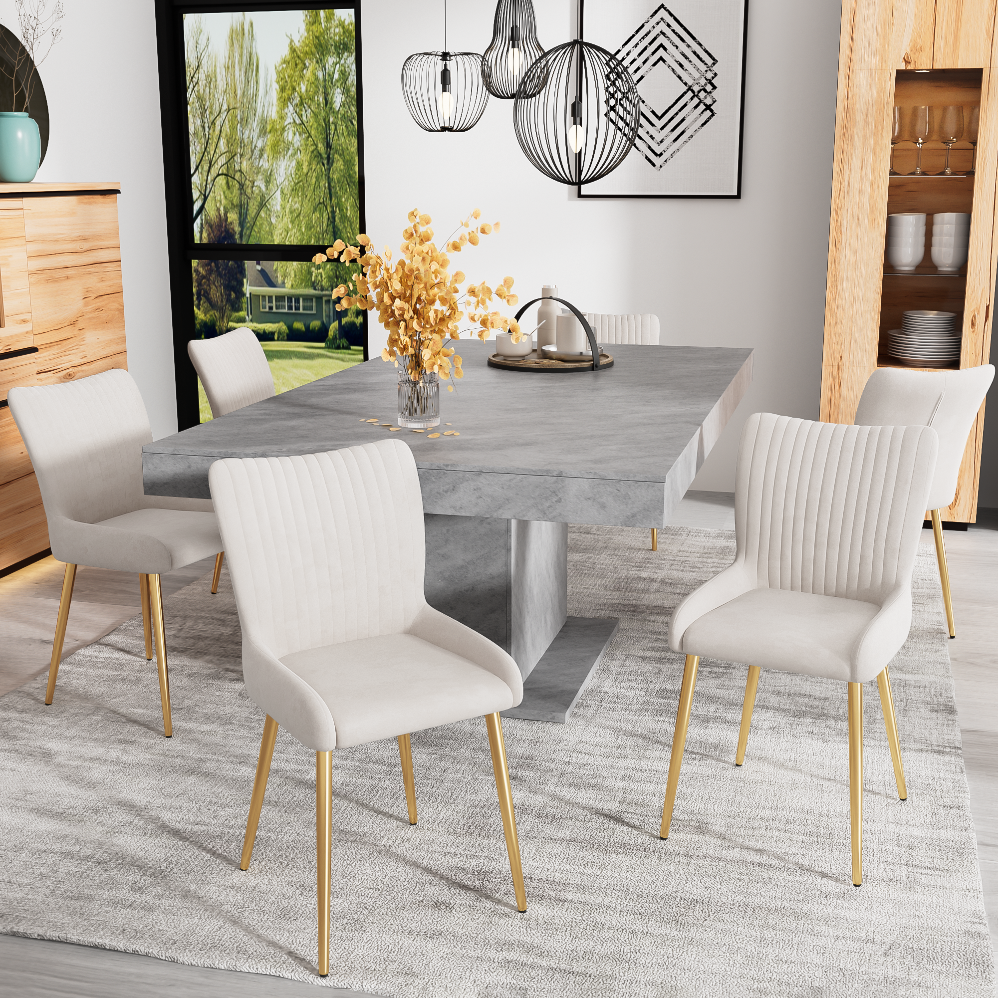 Velvet Dining Chair, Set of 4 with Gold Metal Legs and Lumbar Support, Beige