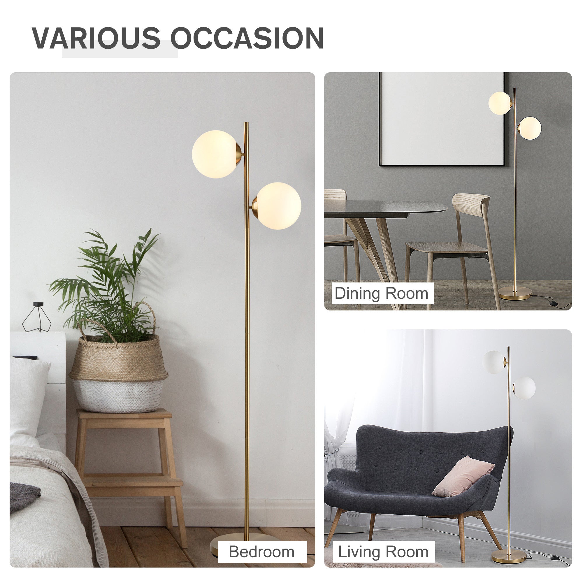 Floor Lamp 2-Piece, Glass Lampshade 165cm High, Gold and White