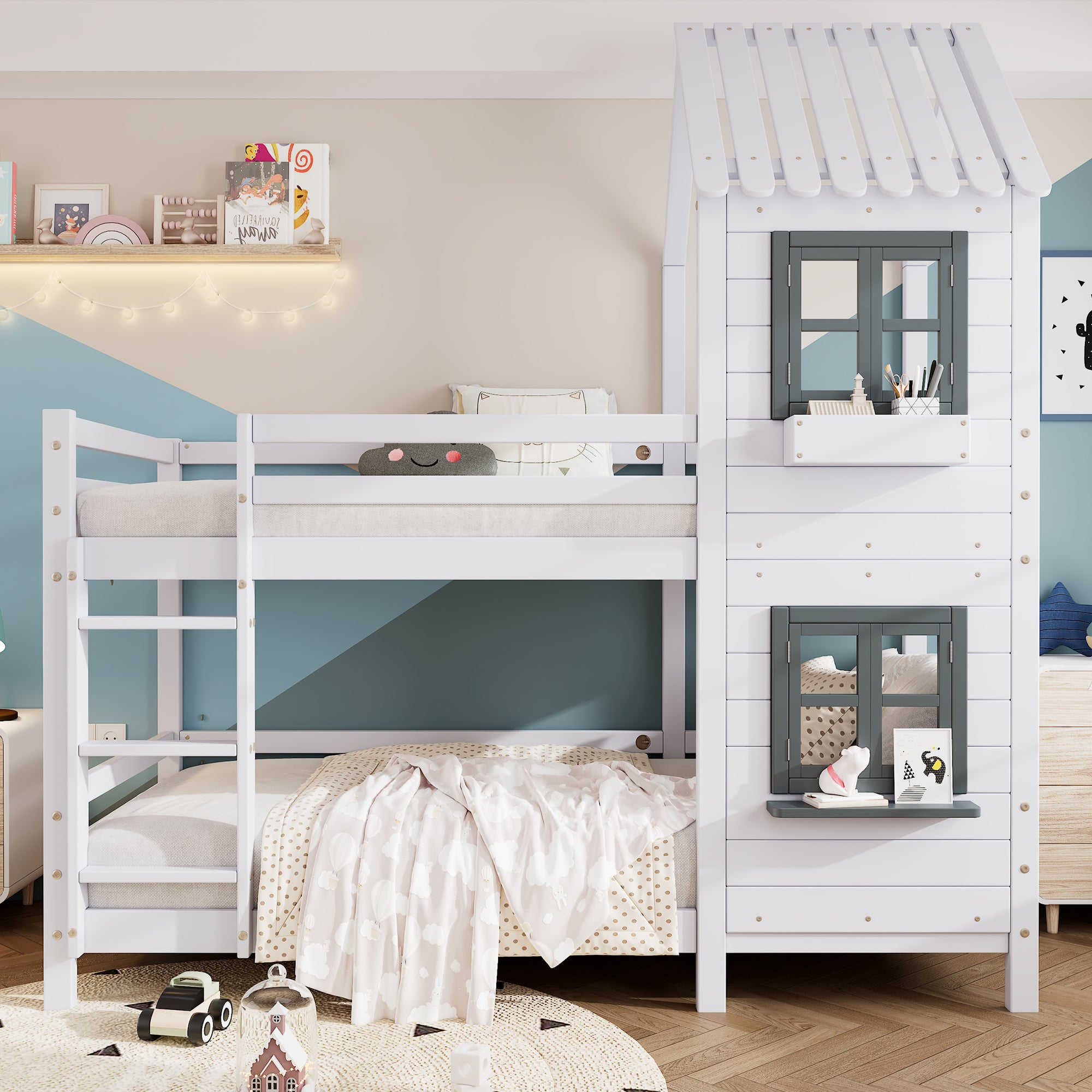 Bunk Bed, House Bed with Handrail & Window, Pine Frame, White