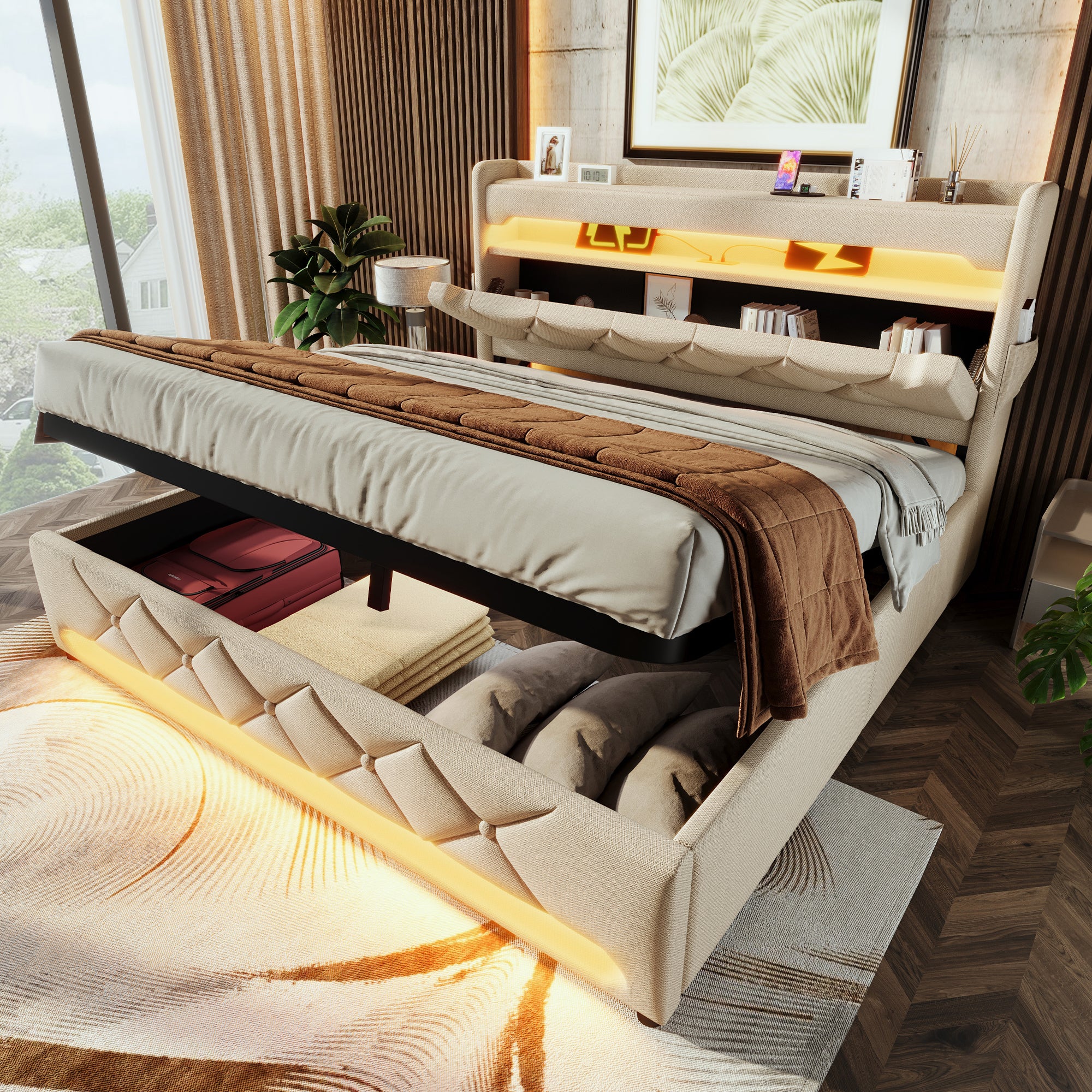 Upholstered Double Bed 140*200, Storage Headboard with USB & Type-C, 360-Surround LED, Hydraulic Lift, Beige Linen